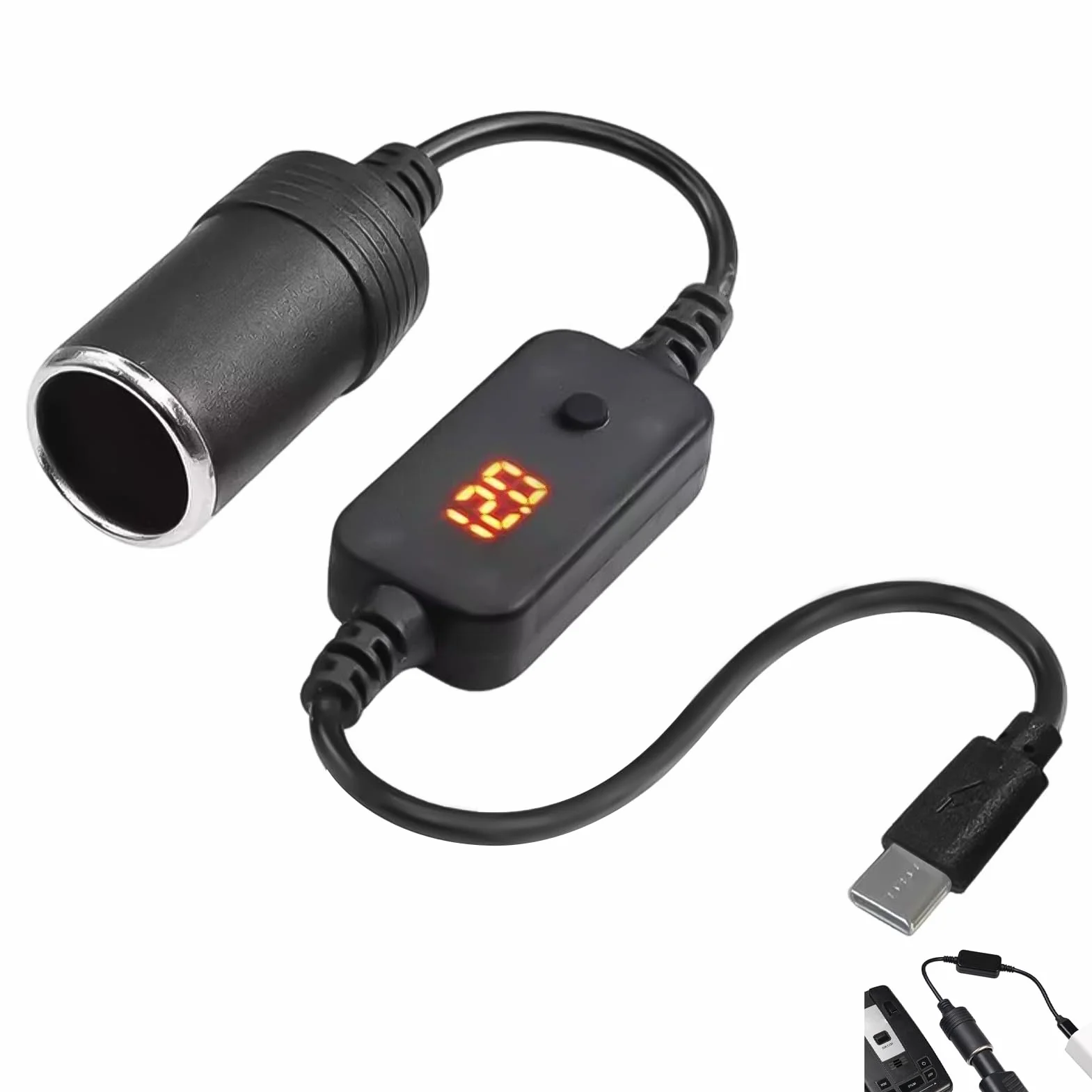 Adapter USB C na zapalniczkę, kabel USB C męski do zapalniczki samochodowej 12 V z wyświetlaczem LED i przełącznikiem, regulowane napięcie 5V, 9V, 12 V, 15 V, 20 V, do GPS, kamery, ładowarki