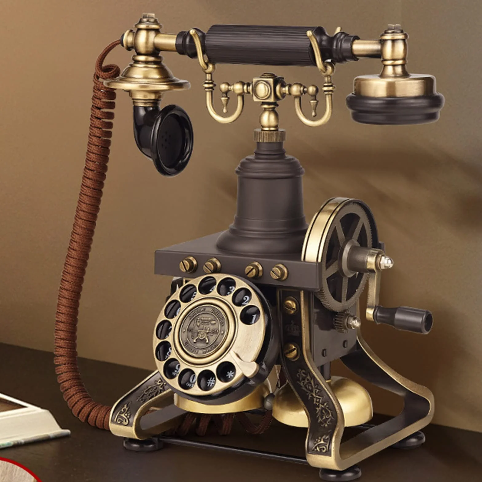 Alomejor Antyczny Telefon Przewodowy Telefon Stacjonarny z tarczą obrotową w Stylu Vintage do Wystroju Wnętrz Stop Cynku w Stylu Retro