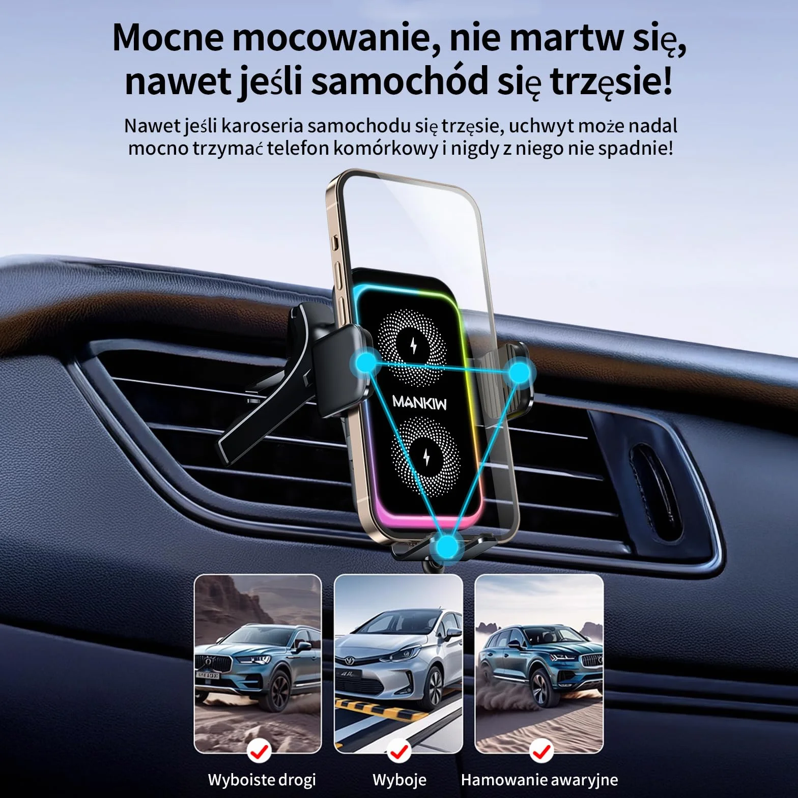 MANKIW Samochodowy Uchwyt na Telefon, Bezprzewodowa Ładowarka, Automatyczne Zaciskanie,Indukcja Elektromagnetyczna, Akcesoria, Uchwyt na Odpowietrznik do iPhone'a 17/16/15/14/13/12/11 i Samsung