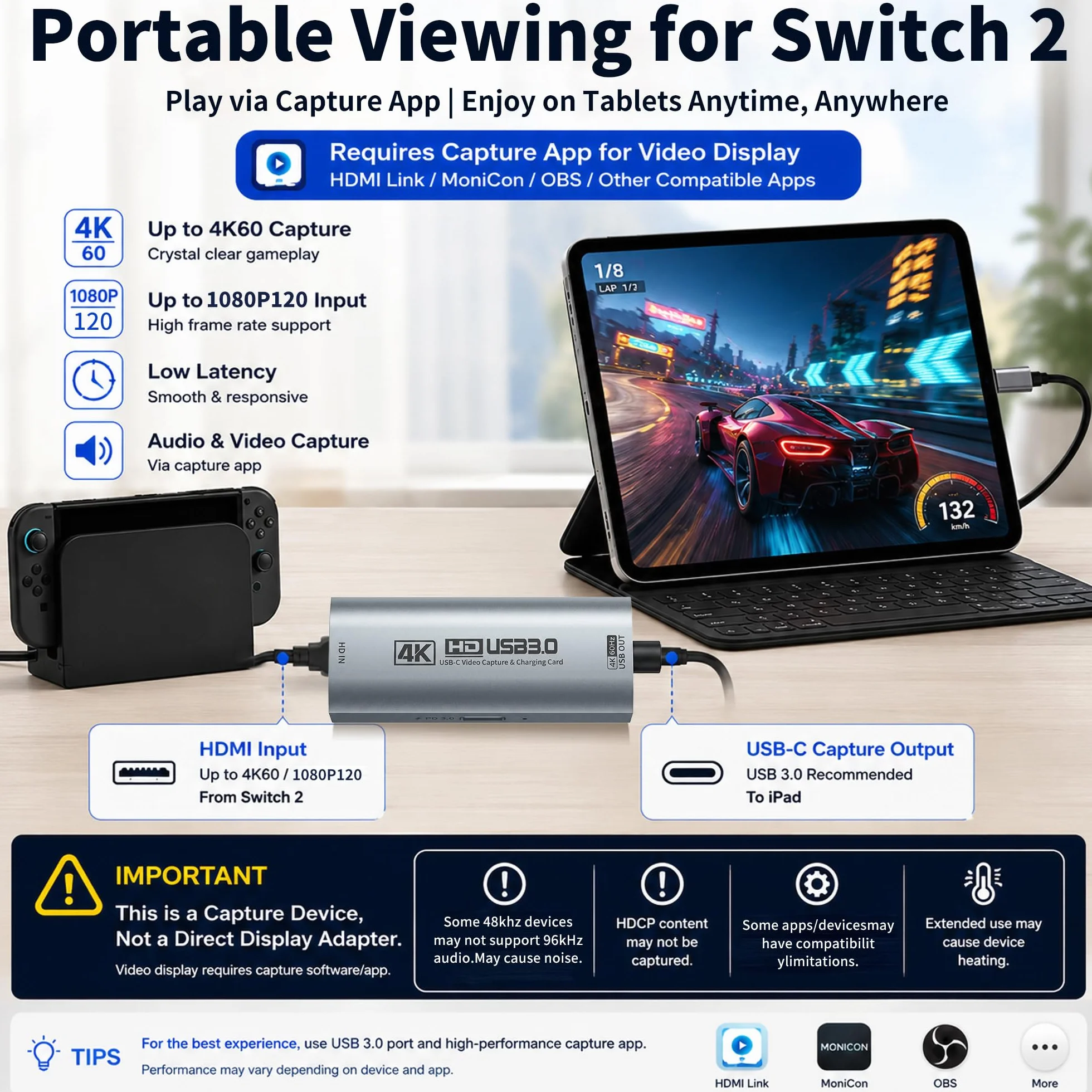 Guermok, Karta przechwytująca HDMI, 4K60FPS / 2K120FPS, PD100W, USB3.0, 1 m | Streaming, nagrywanie i granie z niskim opóźnieniem, Obsługuje konsole przenośne, Plug & Play bez sterowników, kamery, PD100W