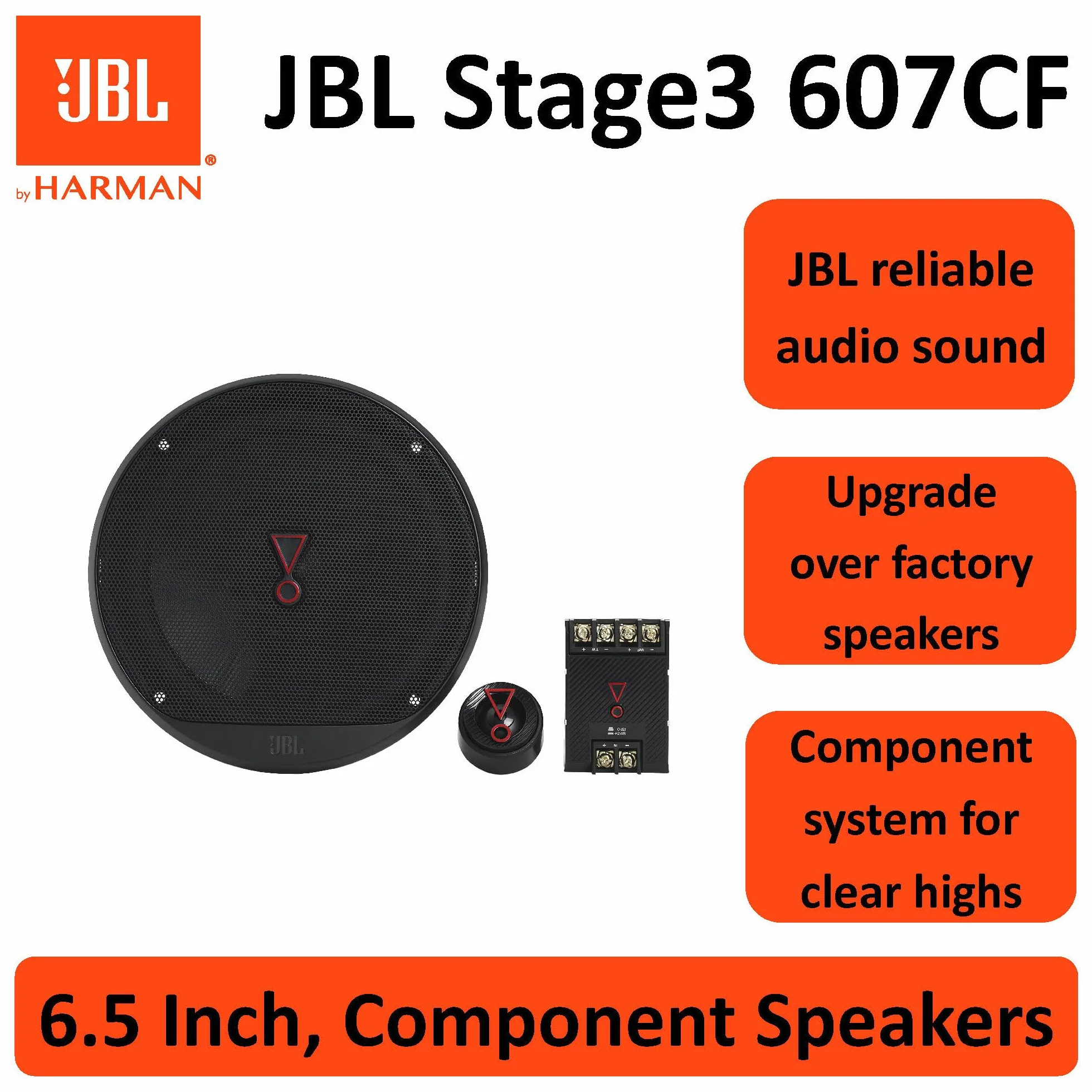 JBL Stage3 607CF Harman Kardon 2-drożny zestaw głośników samochodowych - Komponenty 250 W Zestaw głośników samochodowych Pro Sound z głośnikiem ściennym 160 mm bez siatki i ściennego głośnika