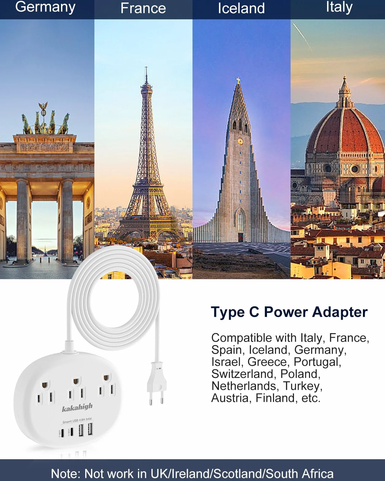 Europejski adapter wtyczki podróżnej z USB C, adapter gniazdka z 3 gniazdami AC i 4 portami USB, adapter wtyczki typu C dla USA do większości Europy Islandii, Hiszpanii, Włoch, Francji, Niemiec itp