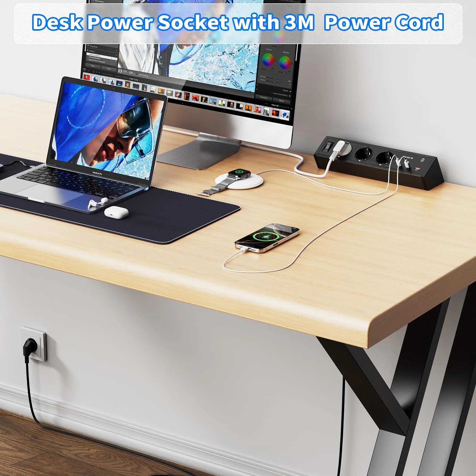 Gniazdo wtykowe stołowe z USB-C PD 65 W GaN, 3-krotna listwa zasilająca na biurko, listwa zasilająca do zaciskania z aluminiową obudową, do biura i domowego biura, 25 W USB-A, kabel 3 m, czarne