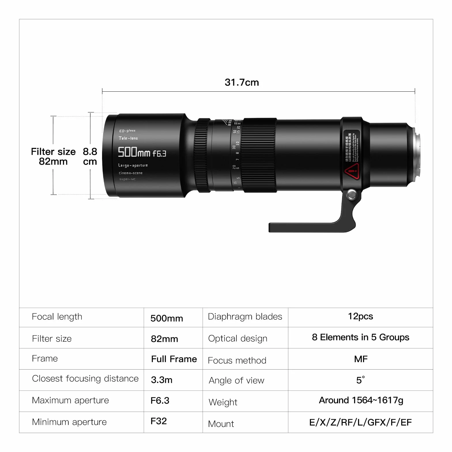 TTARTISAN Teleobiektyw 500 mm F/6.3 do montażu L, pełny ekran, ręczne ustawianie ostrości, obiektyw Prime Supertele, uchwyt L (uchwyt L)