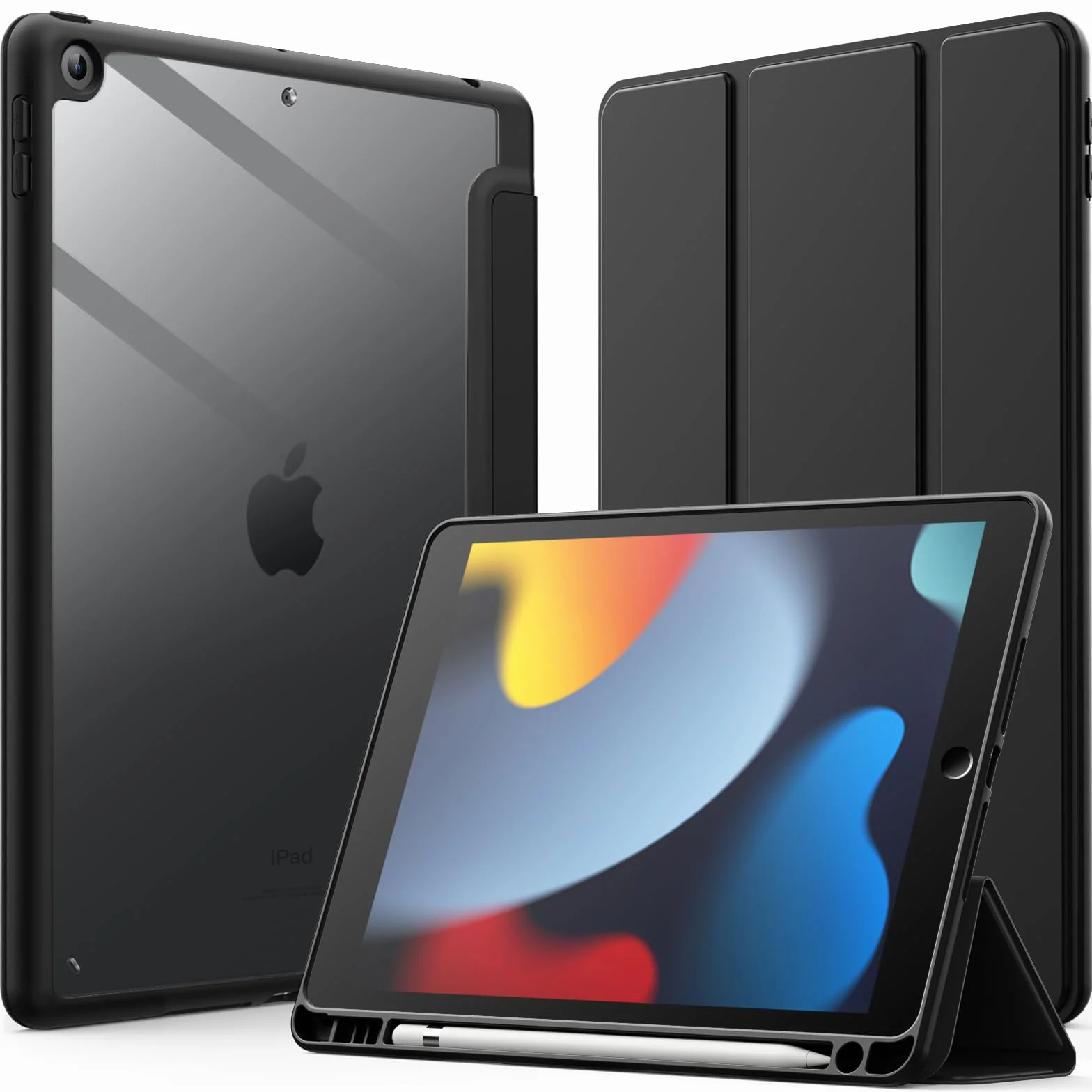 JETech Etui dla iPad 10,2 Cala (9./8./7. Generacji, 2021/2020/2019) z Pencil Uchwyt, Wyczyść Przezroczysty Tył Obudowa Slim Podstawkę Odporna na Wstrząsy Obudowa Tabletu Case (Czarny)