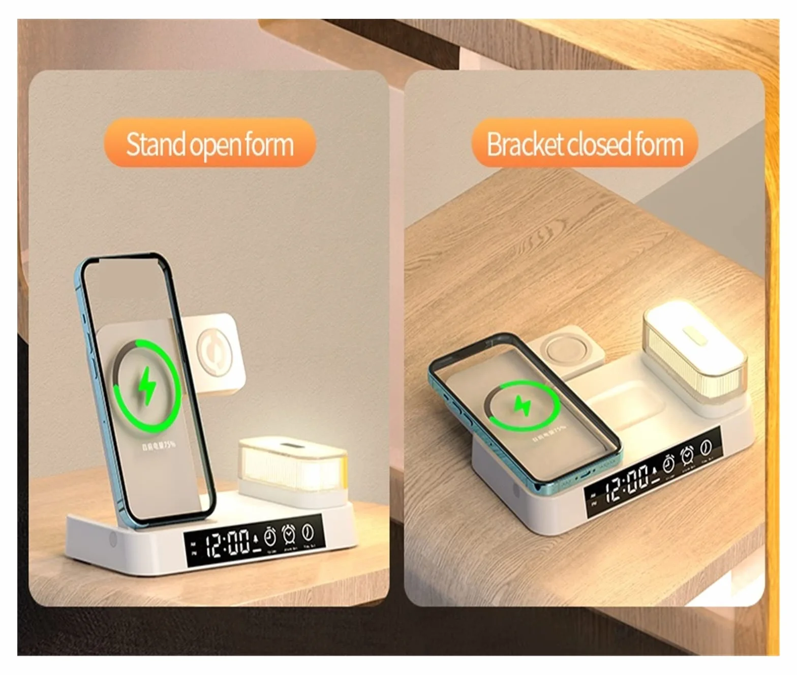 Ładowarka bezprzewodowa, Składana bezprzewodowa stacja ładująca 30 W Zegar RGB do telefonu Szybkie ładowanie słuchawek do zegarka(White with plug)