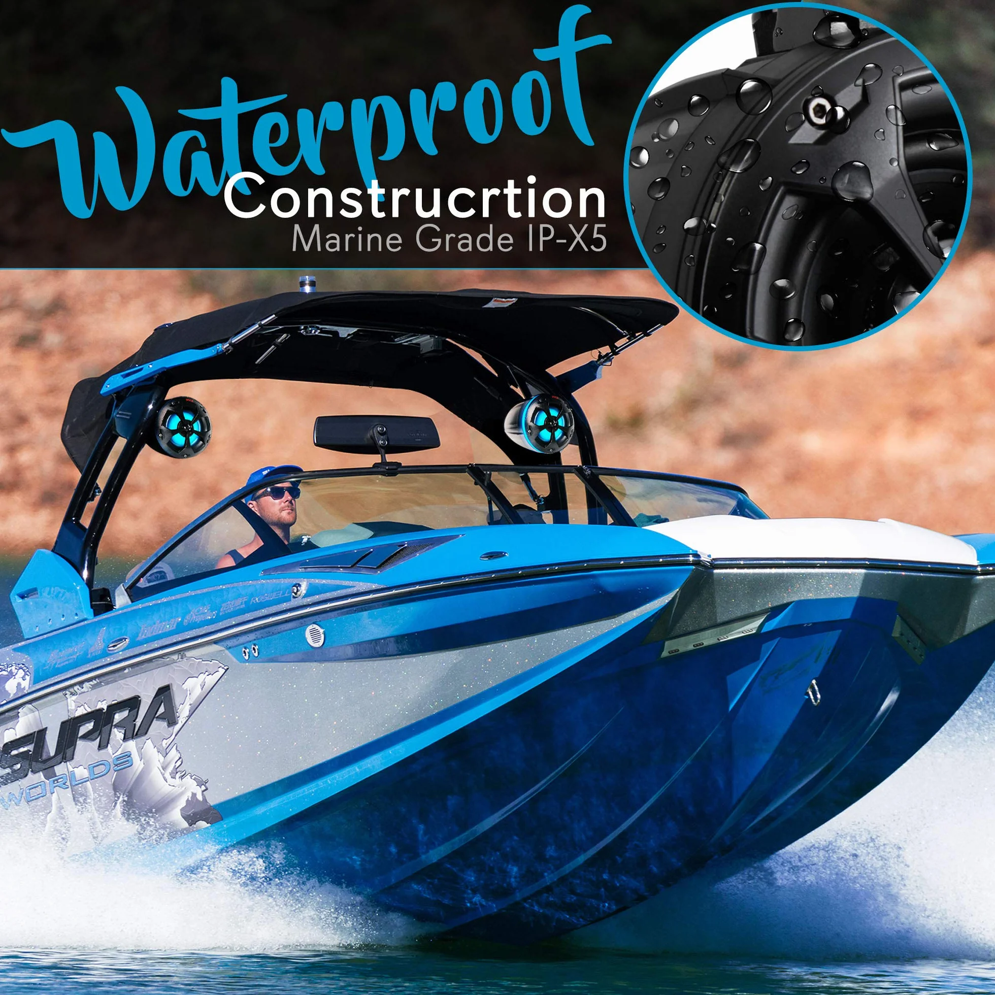 Pyle 2-drożne podwójne wodoodporne głośniki terenowe - 4-calowy 800 W system głośników Wakeboard Tower klasy morskiej ze światłami RGB i pilotem, pełny zakres zewnętrzny głośnik stereo audio do