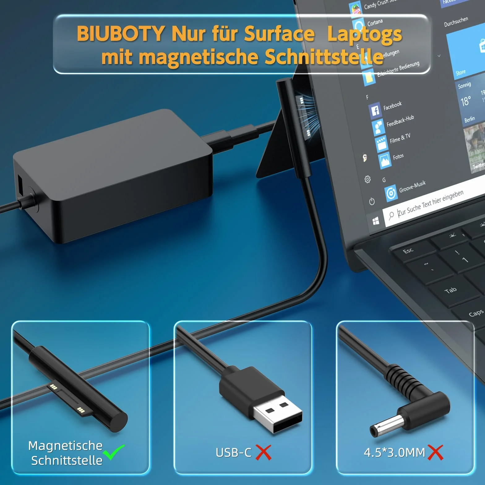 Ładowarka 65 W kompatybilna z Microsoft Surface Pro 11/10/9/8/7/6/5/4/3/X, Surface Laptop 4/3/2/1, Surface Go 2/1, ładowarka powierzchniowa do notebooka / tabletu z portem USB 15 V 4A komputer PC