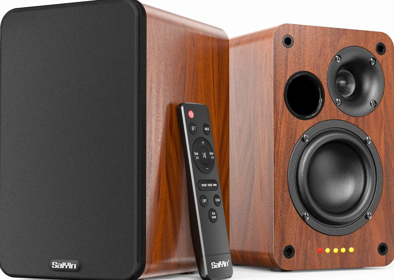 Saiyin Głośniki półkowe Bluetooth, 30 W x 2, zasilane głośniki telewizyjne z głośnikiem niskotonowym 3,5 cala, głośniki gramofonowe z wejściem optycznym/AUX/RCA do PC i telewizora