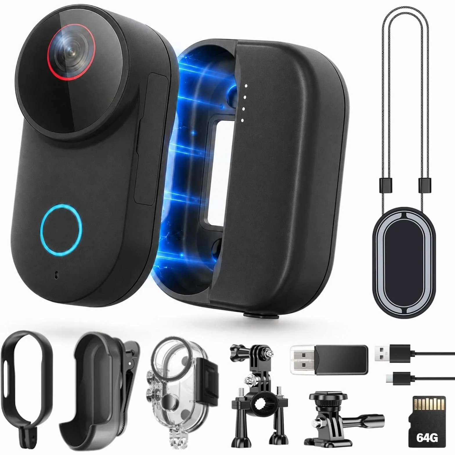 4K Ultra HD Action Cam, 6-osiowa elektroniczna stabilizacja obrazu, obiektyw szerokokątny 154°, wodoszczelna kamera sportowa z Wi-Fi, 5 godzin pracy baterii z etui ładującym (czarna, 64 GB)