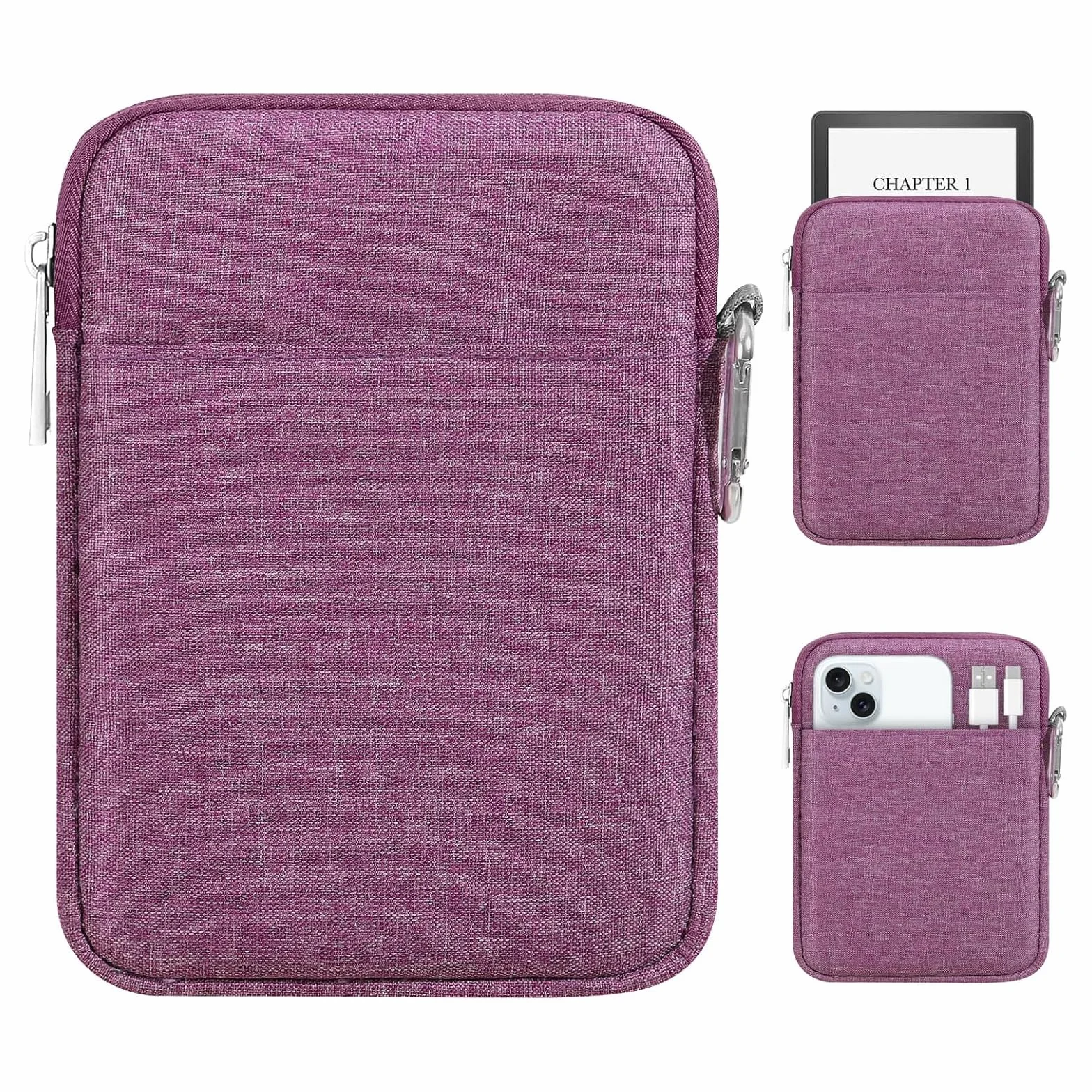 MoKo Padded Ereader Sleeve Case for 6-7 inch Ereader Tablet Bag Protective Cover Pouch with a Carabiner, Compatible with 7" Colorsoft Signature Edition 2024, Purple