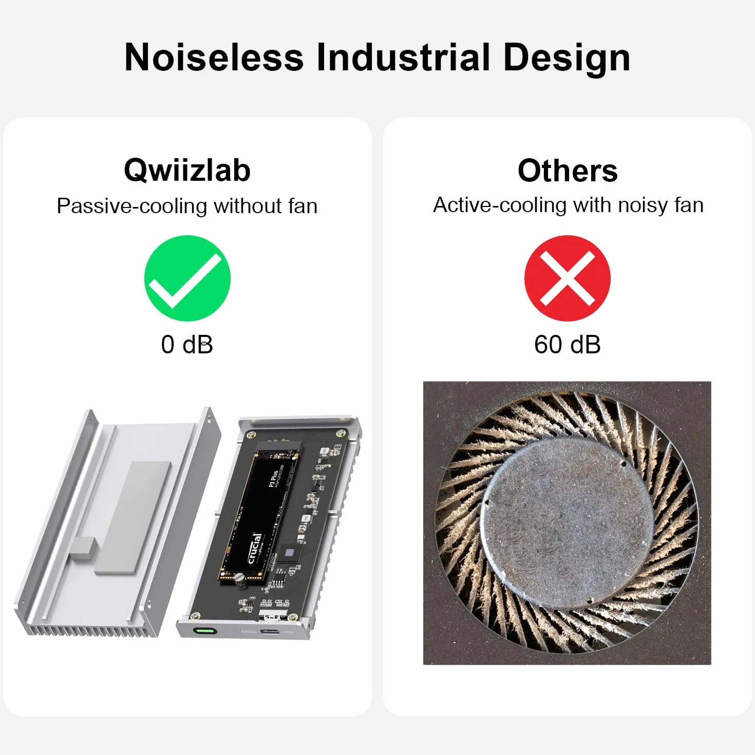 Qwiizlab Zewnętrzna obudowa SSD bez wentylatora 40 Gbit/s USB 4 Thunderbolt z aluminiową obudową radiatora, obsługuje M.2 NVMe PCIe SSD do 8 TB (nie wchodzi w zakres dostawy) (ES40UR (srebrny)