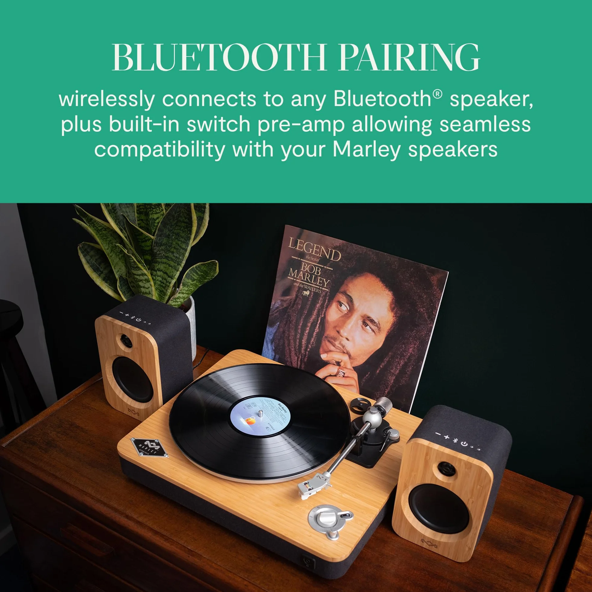House of Marley Stir It Up Bezprzewodowy Gramofon Bluetooth, Zrównoważony Gramofon Bambusowy, Bambus, Czarny