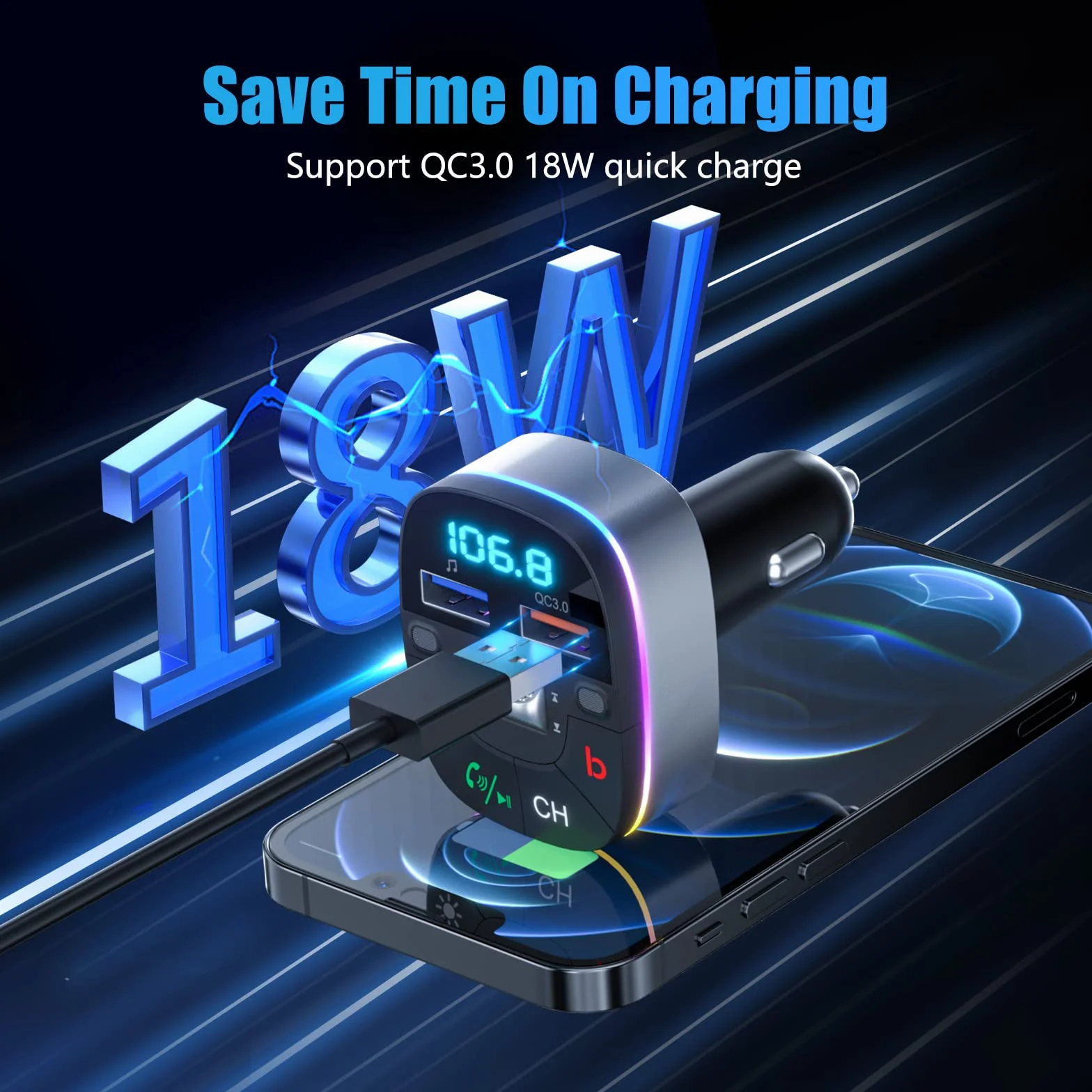 LENCENT 5.0 Samochodu Nadajnik FM Bluetooth, Bezprzewodowy Adapter Radiowy z QC3.0 ładowarka Fast USB, Adapter Radiowy Bluetooth AUX, Zestaw Głośnomówiący, MP3, Obsługuje dysk U, Kolorowe światło