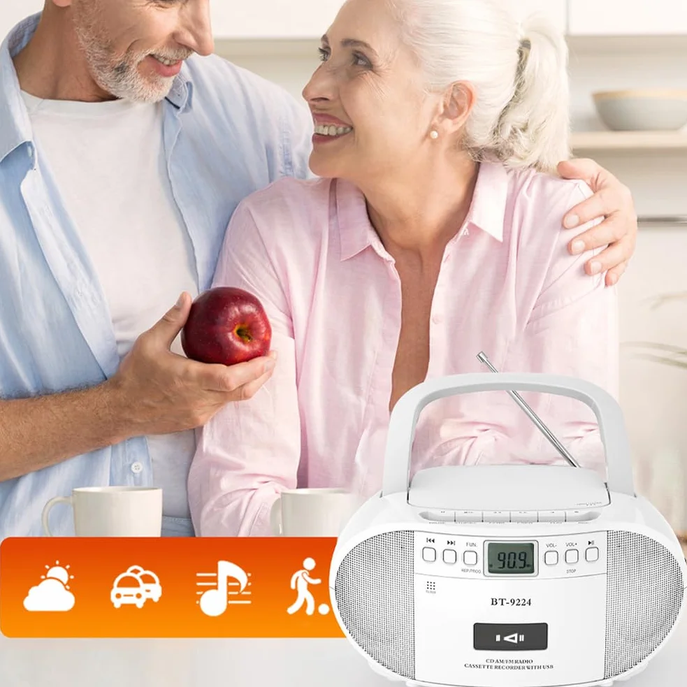 Przenośny radiowy odtwarzacz CD, głośnik Bluetooth z odtwarzaniem USB, Boombox AM/FM, pilot zdalnego sterowania, zasilany prądem zmiennym / bateryjnym