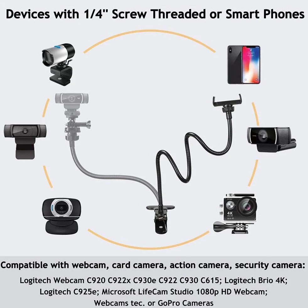 Stojak na telefon z uniwersalną śrubą 1/10.2 cm, klips do leniwego wspornika, elastyczny zacisk 360°, do telefonu i kamery internetowej
