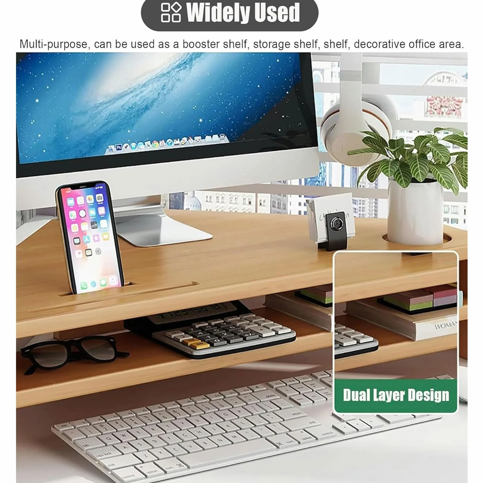 Monitoruj stojak z przechowywaniem 2-poziomowy stojak na monitor z zarządzaniem uchwytem telefonu i kablami Laptop Computer Desk Organizer Stand, For Home & Office,Walnut