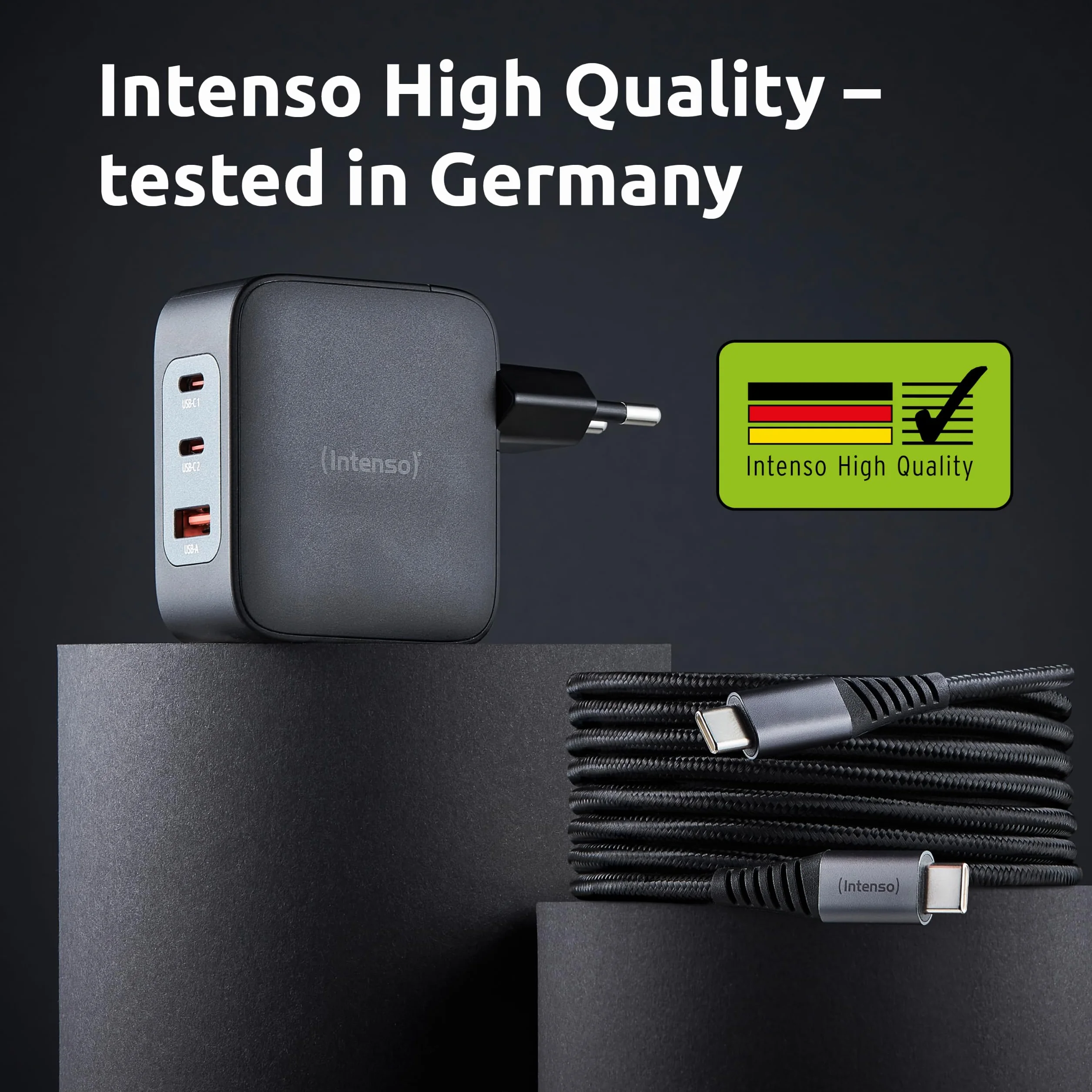 Intenso W100ACC+C520C, zestaw Power Adapter + kabel do ładowania, 100 W, szybkie ładowanie, GaN, 3 urządzenia jednocześnie, do laptopa, MacBooka, iPhone'a, Samsunga i innych, czarny