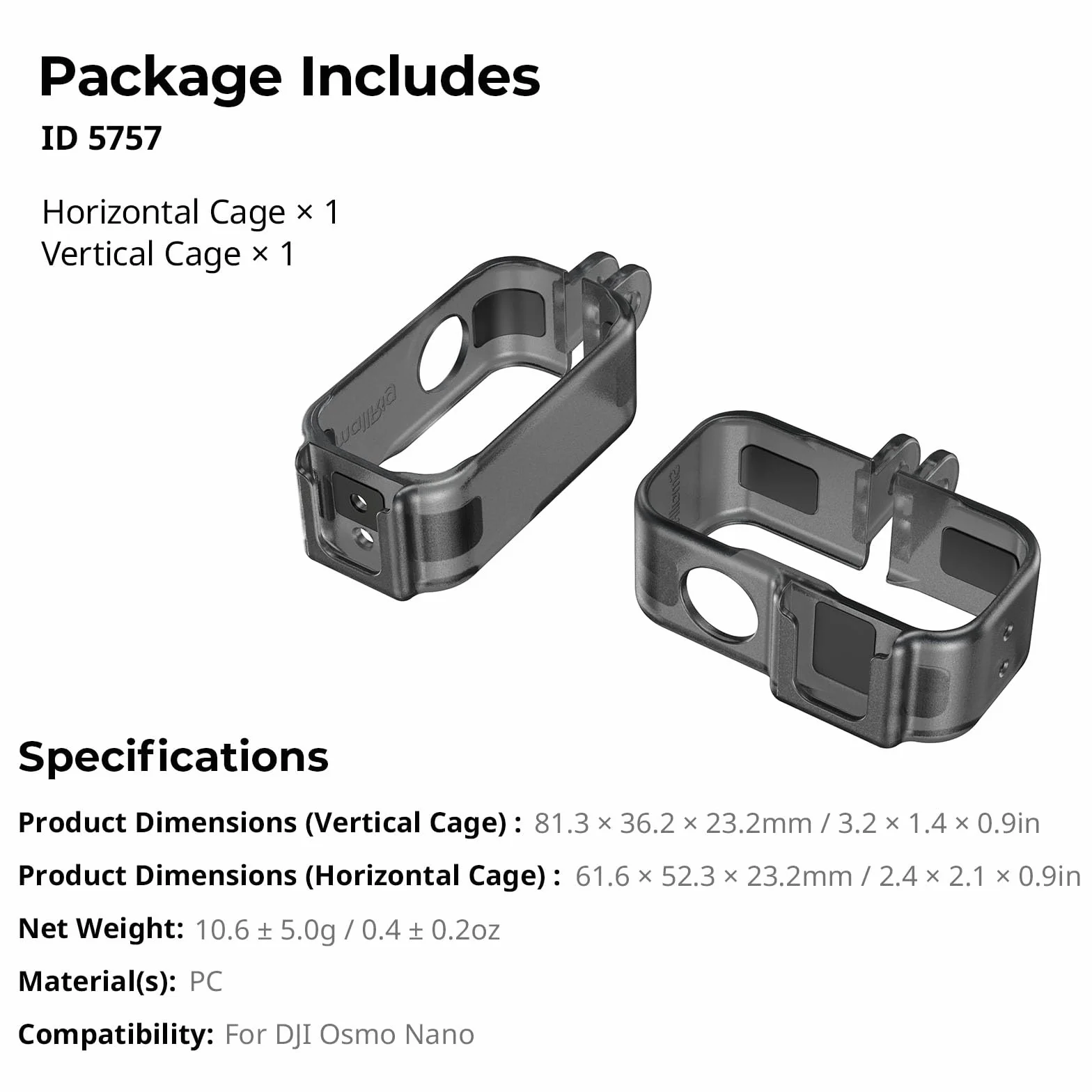 SMALLRIG Zestaw Vertical to Horizontal Action Camera Cage do DJI Osmo Nano, z otworem lokalizacyjnym 1/4"-20, silikonową uszczelką, zimną stopką, konstrukcją szybkiego montażu - 5757
