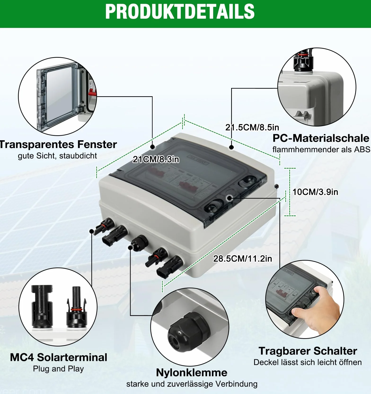 Zabezpieczenie przeciwprzepięciowe PV DC, odłącznik, ochrona odgromowa, 2 struny 1000 V DC 40 A, 20-40 KA, skrzynka przyłączeniowa generatora, IP65, wodoszczelna, solarna skrzynka przyłączeniowa do