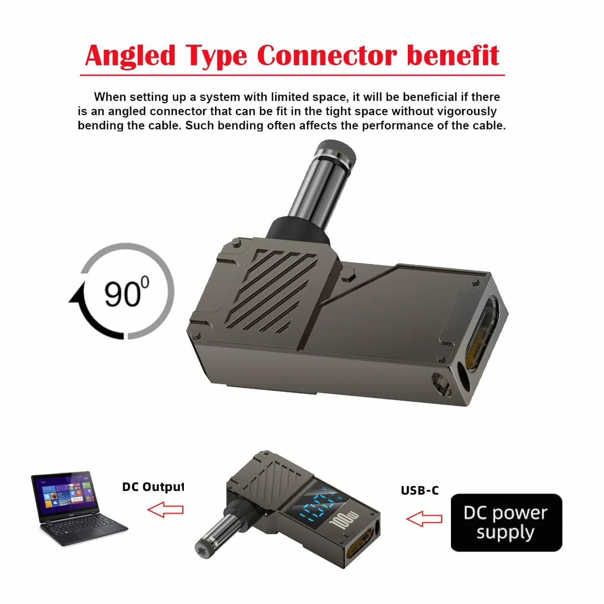 Adapter CY typu C wejście USB-C na DC 5,5 x 2,1 mm Jack inteligentny wyświetlacz LED 100 W moc wyjściowa 20 V 5 A PD Charge 65 W Adapter do laptopa