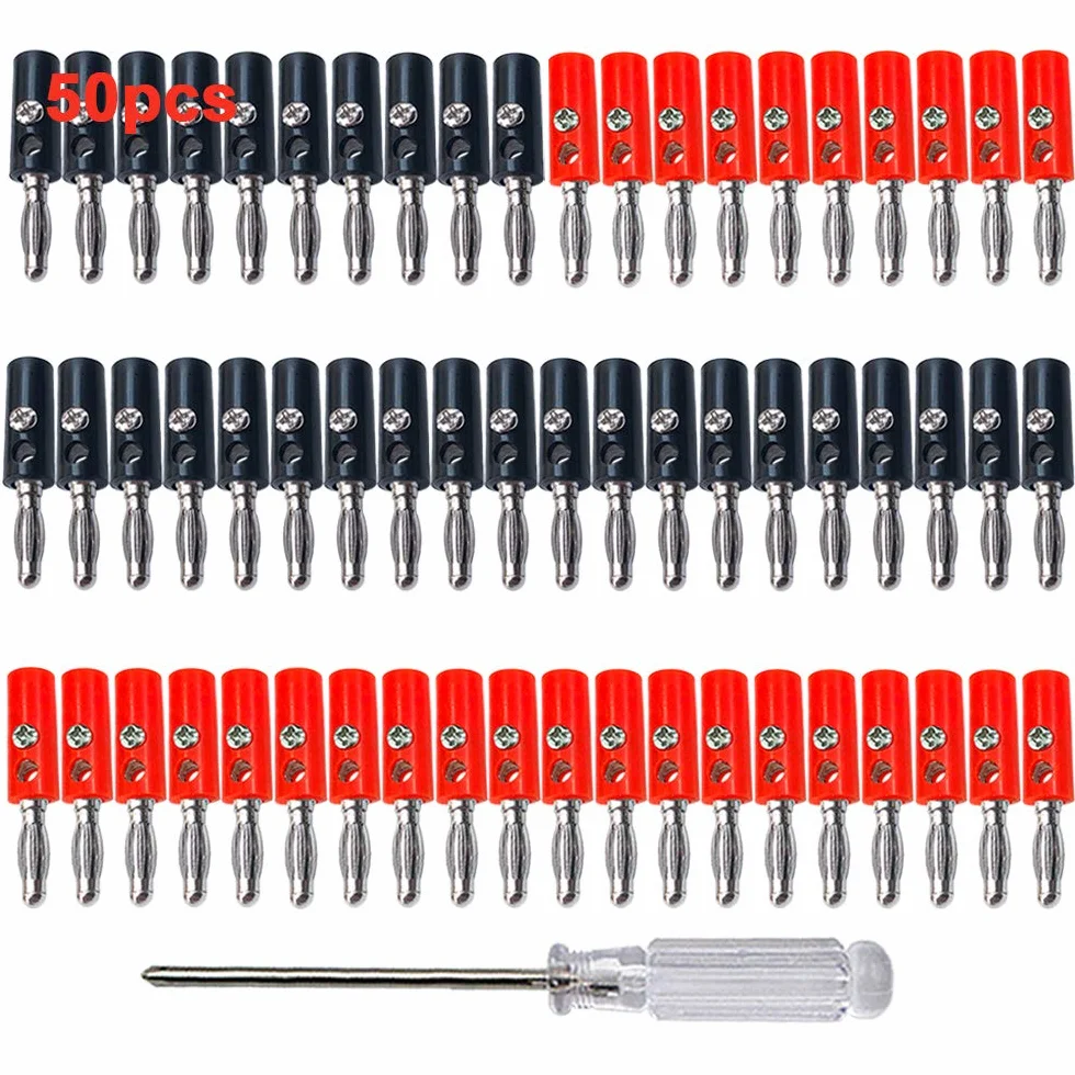 50 szt. 4 mm wtyczka bananowa, niklowane złącze bananowe, adapter złącza bananowego bez lutowania, do głośnika, odbiornika audio/wideo (czerwony, czarny)