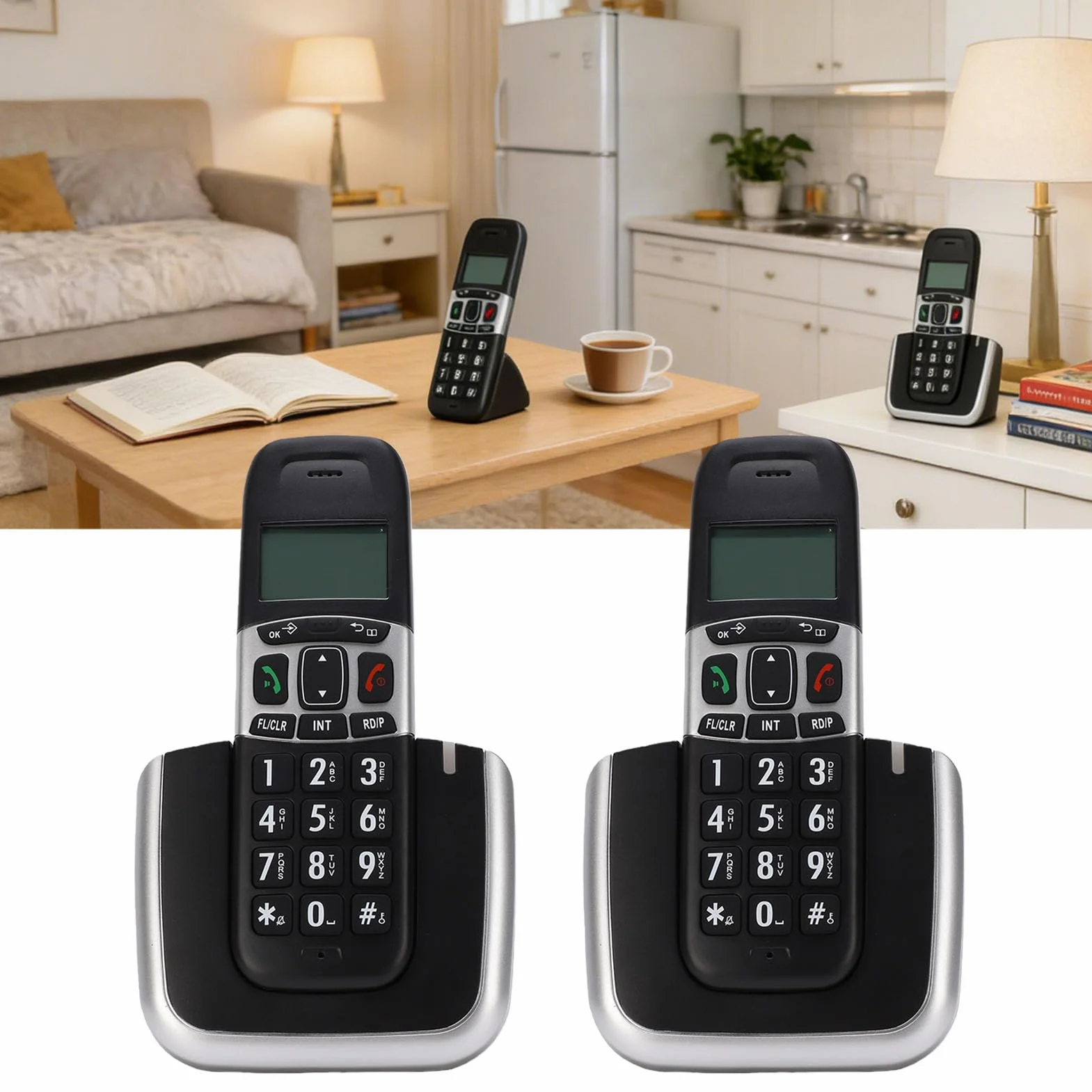 Asixxsix Bezprzewodowy Telefon Stacjonarny z 2 Słuchawkami, DECT 6.0 (wtyczka UE)