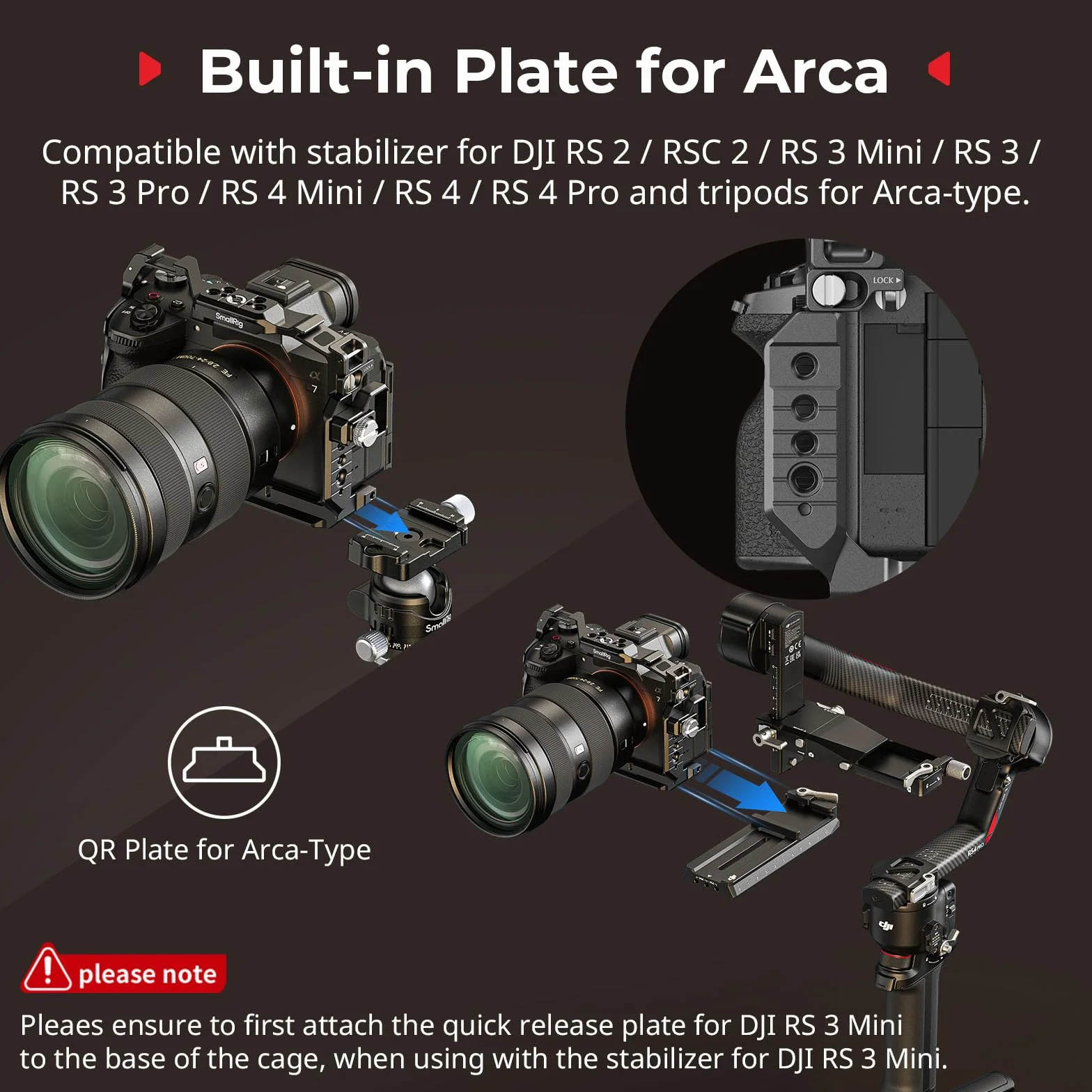 SMALLRIG Alpha 7 V HawkLock klatka do szybkiej wymiany do Sony Alpha 7 V / 7R V / 7 IV, zintegrowana płyta szybkiego montażu do Arca i NATO, gniazdo QD i stopka błyskowa,do DJI RS
