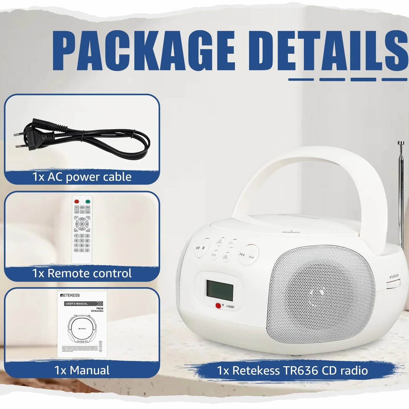 Repekess TR636 Przenośny odtwarzacz CD, radio FM AM, USB, magnetofon kasetowy,Bluetooth, Timer Sleep, proste zastosowanie dla osób starszych (biały)