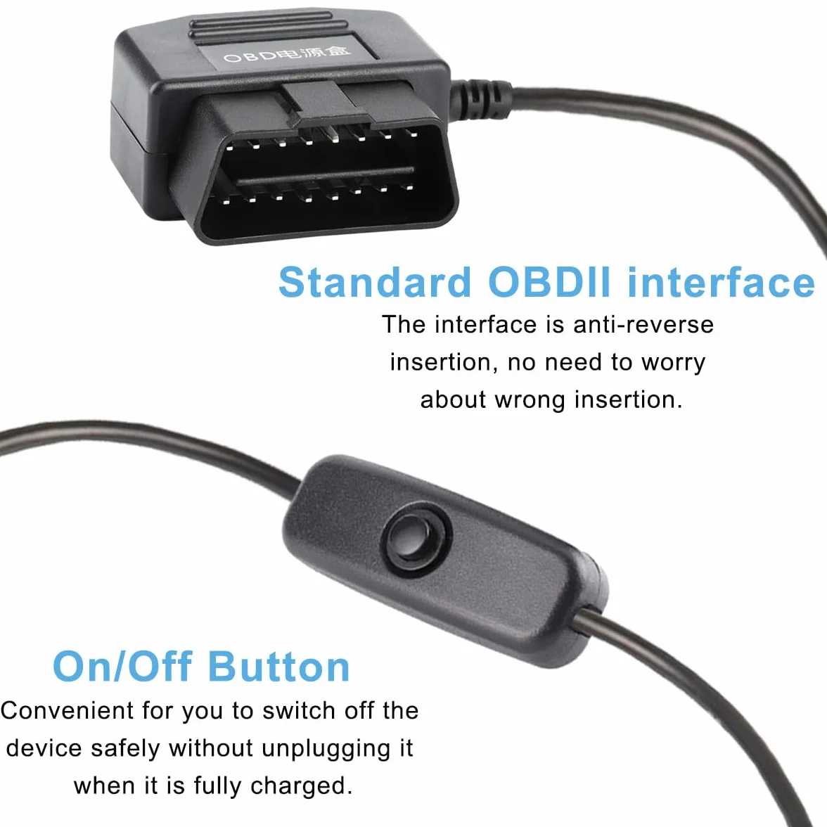 Adapter kabla zasilającego OBD-na USB, 16-biegunowy OBD2-wtyk do gniazda USB, kabel do ładowania, OBD2-do-5V 2A, złącze USB 12 V, 24 V, 36 V na 5 V, 2 A z przyciskiem przełączania, do kamery