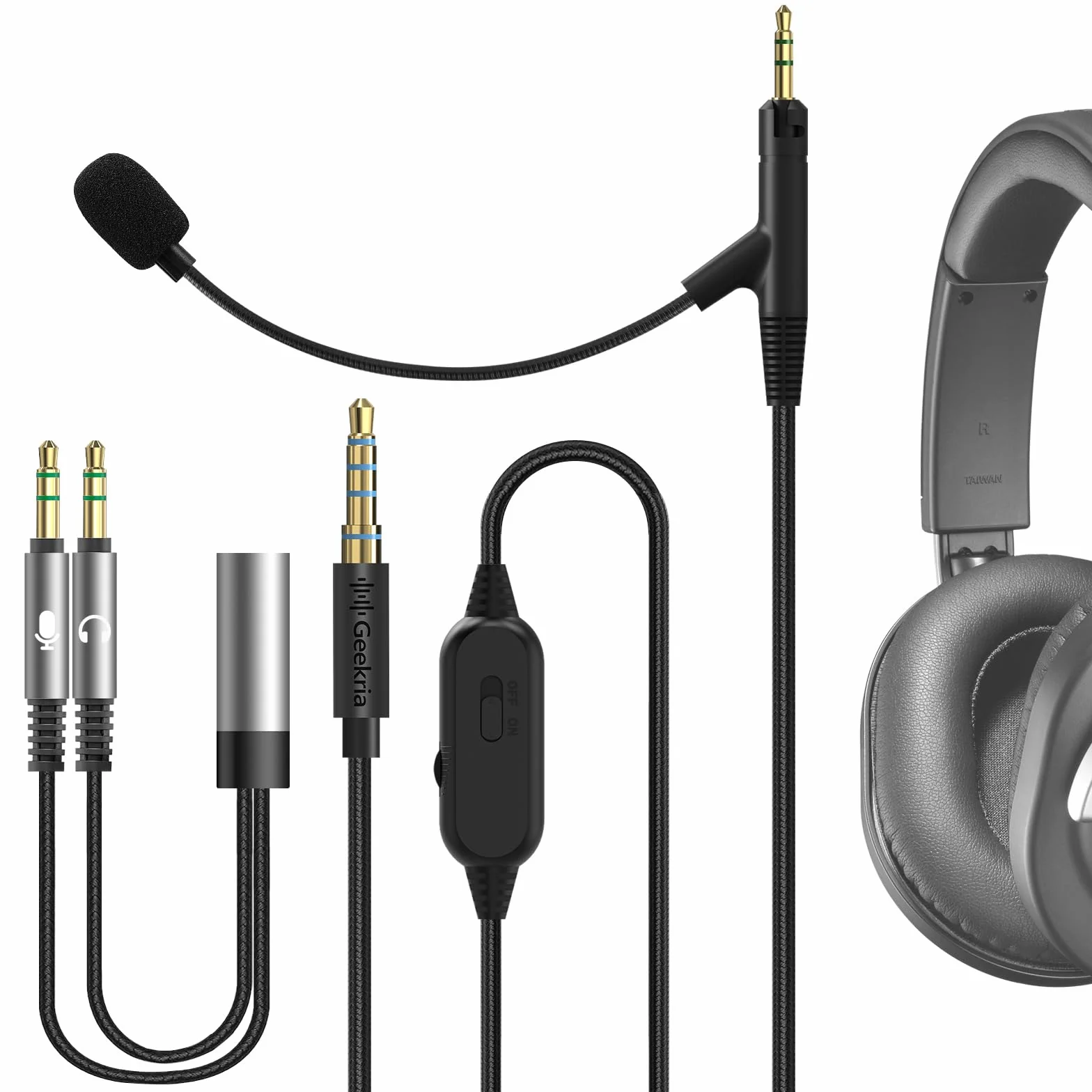 Geekria kabel do słuchawek z mikrofonem typu boom kompatybilny z ATH-M70x/M50x/M40x, wtyk 2,5 mm, nylonowy pleciony zamiennik z mikrofonem boom i sterowaniem głośność/cisza (5,6 ft)