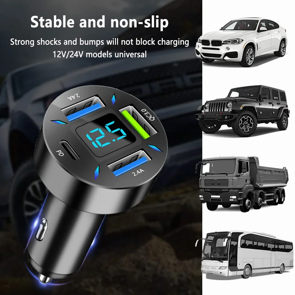 2 szt., 4 porty USB ładowarka samochodowa adapter USB z woltomierziem, port typu C PD 3.1/QC 3.0, super szybkie ładowanie, wtyczka zapalniczki samochodowej do iPhone'a 14, 13, 12, S22, S21, S20, iPada