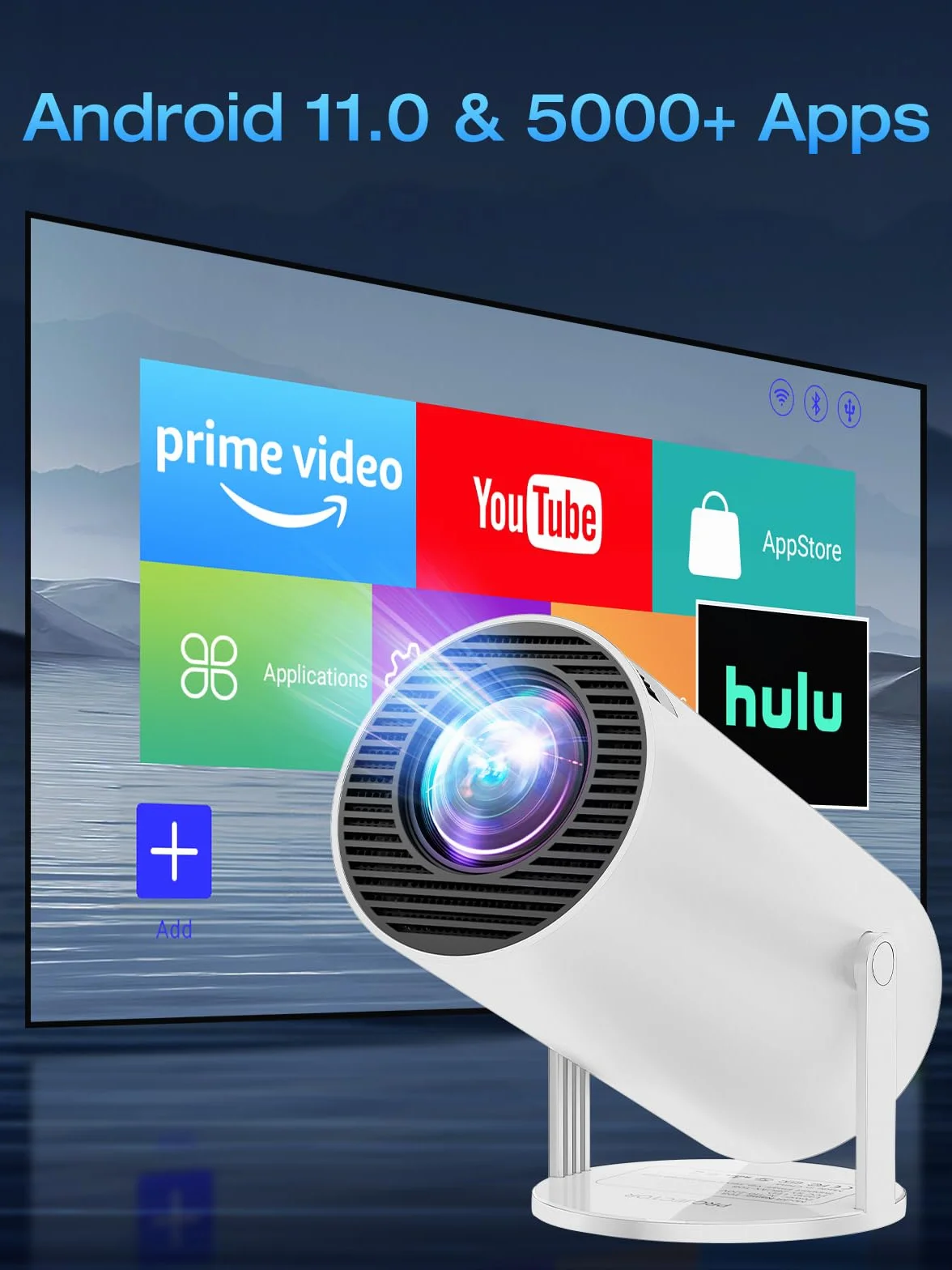 Wbudowane aplikacje i Android 11.0] Mini projektor przenośny projektor 20000 luksów 4K Obsługiwany obrót o 180° i automatyczny keystone, kompatybilny z TV Stick/Windows/iOS/Android/HDMI/USB (1080P-3)