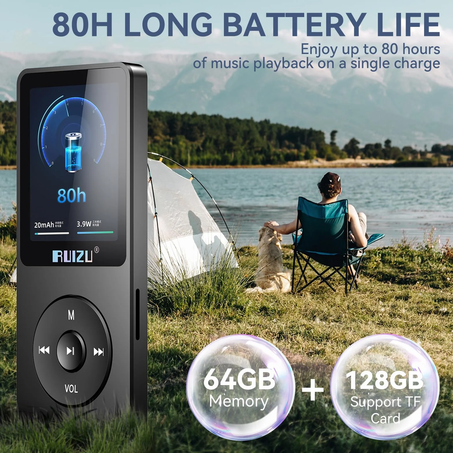 RUIZU 64GB odtwarzacz MP3 z Bluetooth 5.3, 1,8-calowy ekran, przenośny odtwarzacz muzyki, radio FM, nagrywanie głosu, 80H odtwarzanie audio i wideo, obsługa 128GB, kolor czarny