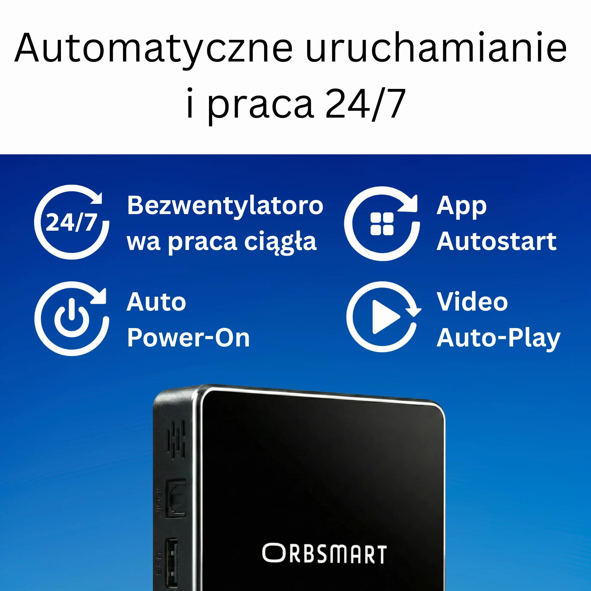 Orbsmart DS Player (S89L) - Android 14 Digital Signage Odtwarzacz 4K Mini PC do 24/7 Pracy Ciągłej (Fanless, Auto-On, Root, Tryb Kiosku i Pionowy, 4GB RAM, 32GB, LAN, WiFi 6, Bluetooth 5.4)