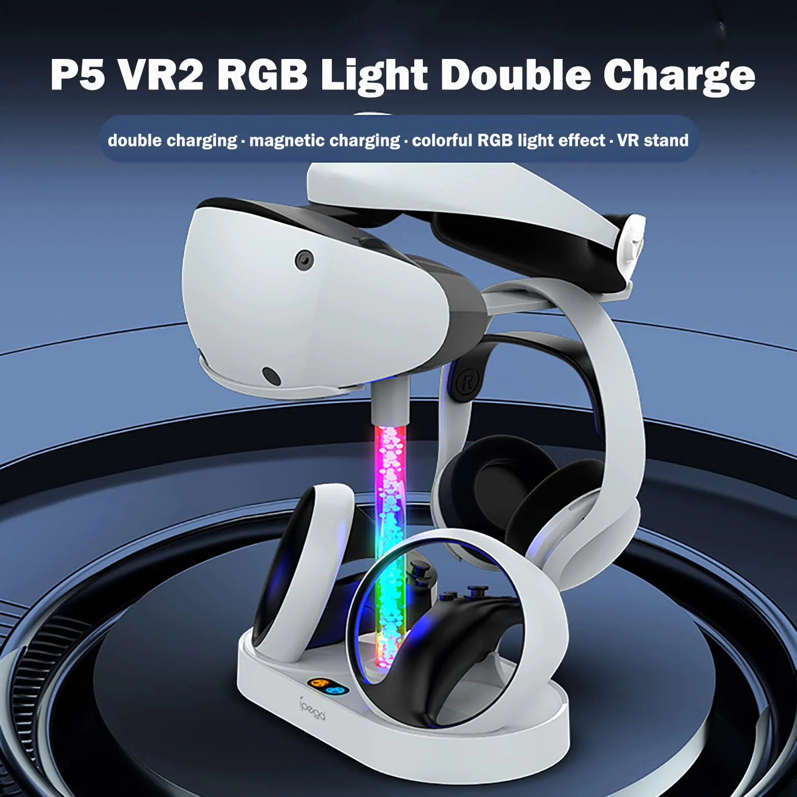 Sterowniki VR stacja ładująca kompatybilna z PS VR2, zestaw słuchawkowy i kontrolery, pionowa podstawa do przechowywania z 10 trybami oświetlenia RGB