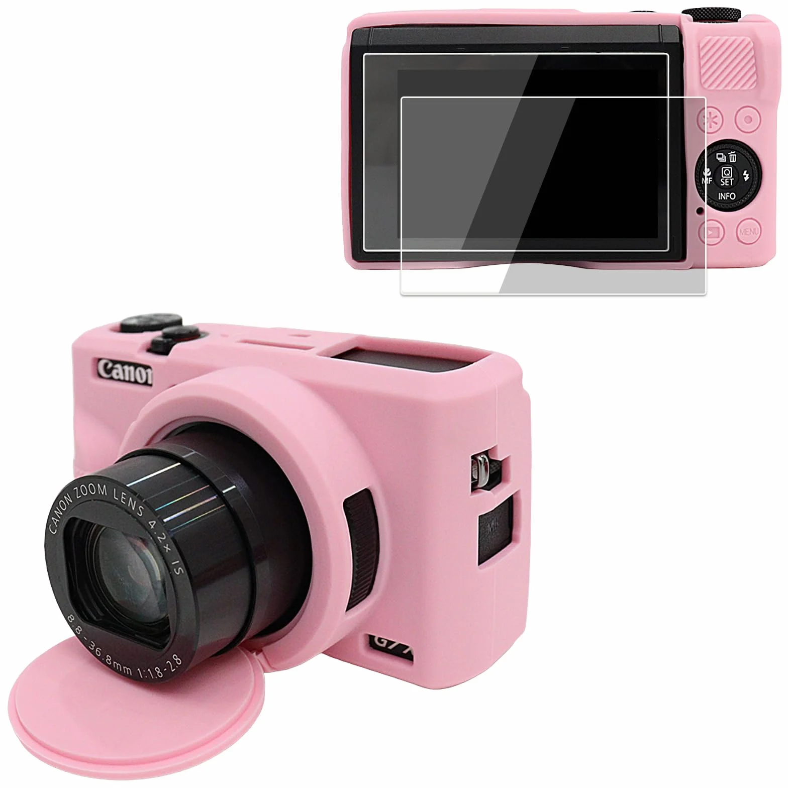 VOVMOEYA Etui na aparat do Canon Powershot G7 X Mark III z 2 szt. ochraniaczy ekranu, pełna ochrona, miękkie silikonowe etui G7X III, zdejmowana osłona obiektywu do Canon G7XIII G7X3-różowe
