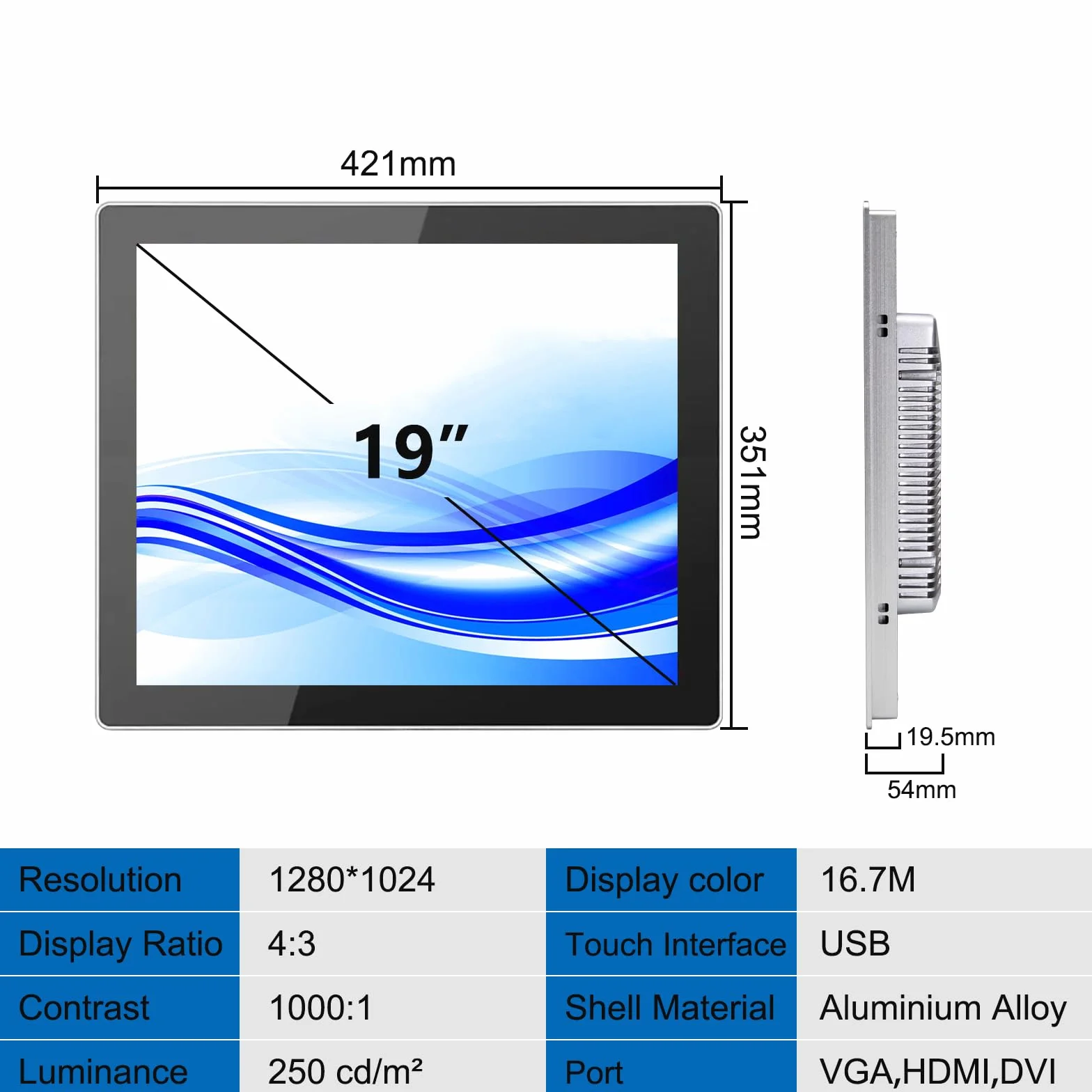 GreenTouch 19-calowy przedni panel IP65, solidna metalowa obudowa, wyświetlacz dotykowy, monitor LCD z otwartą ramą, jakości przemysłowej - 1280x1024