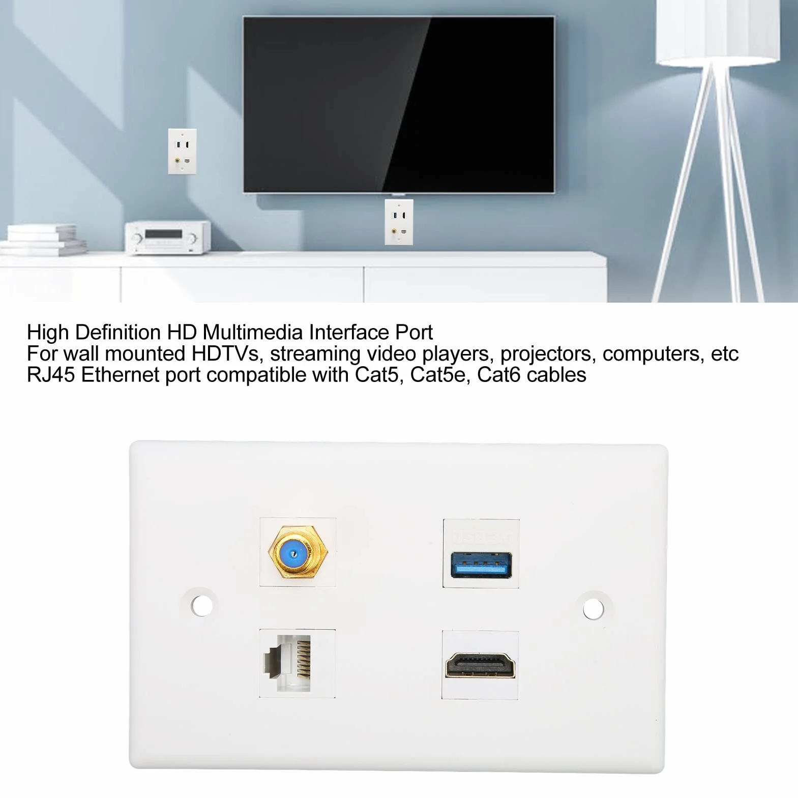 4-portowa Płyta ścienna HDMI, Wielofunkcyjna Płyta ścienna z Portami HDMI, Typu F, USB3.0, Cat6, Portem Ethernet RJ45 do Telewizora HDTV, Odtwarzacza Wideo, Projektora, Komputera Itp.