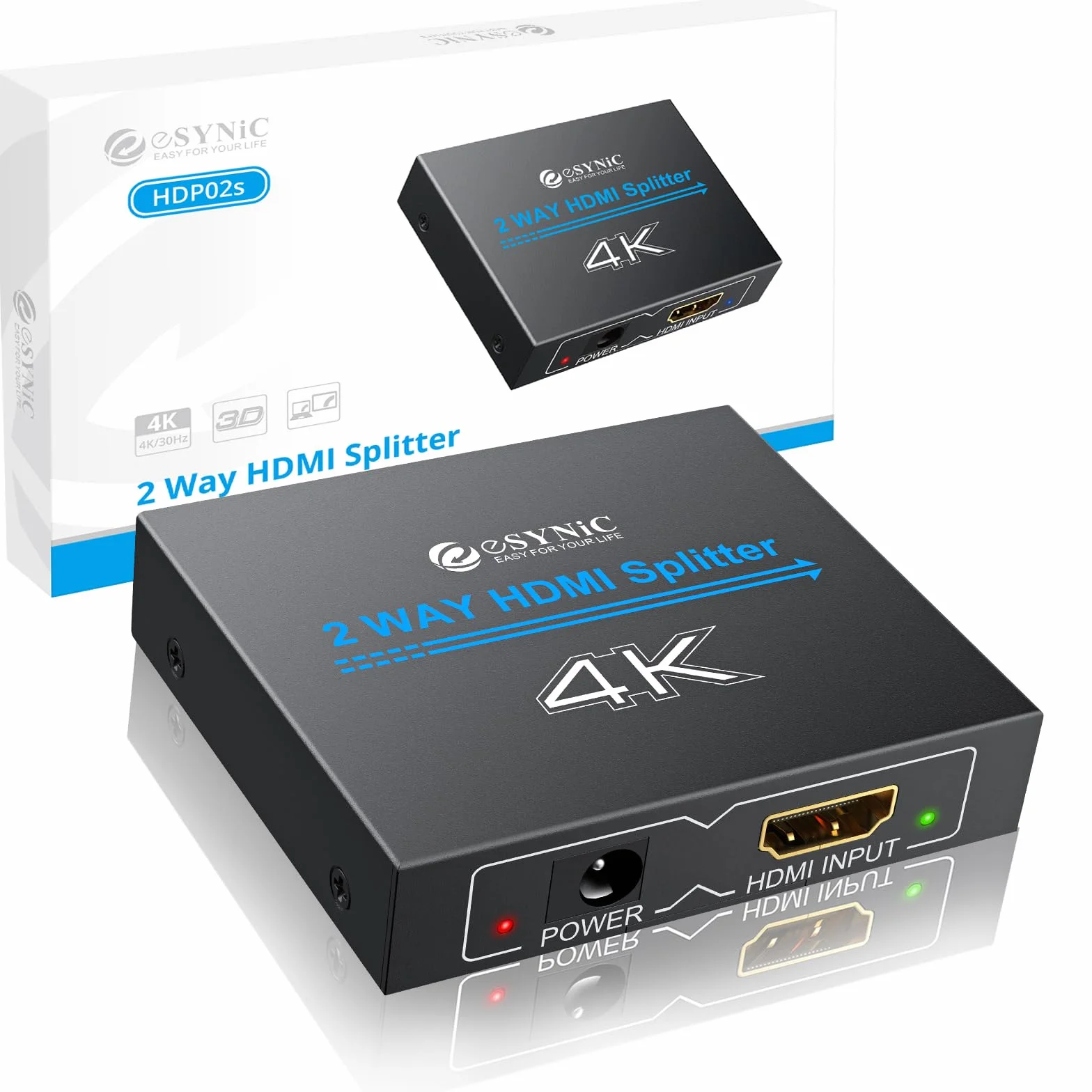 eSynic Rozdzielacz HDMI 4K/30Hz 2-drożny 1 wejście 2 wyjścia HDMI 1.4 HDCP Bypass Splitter
