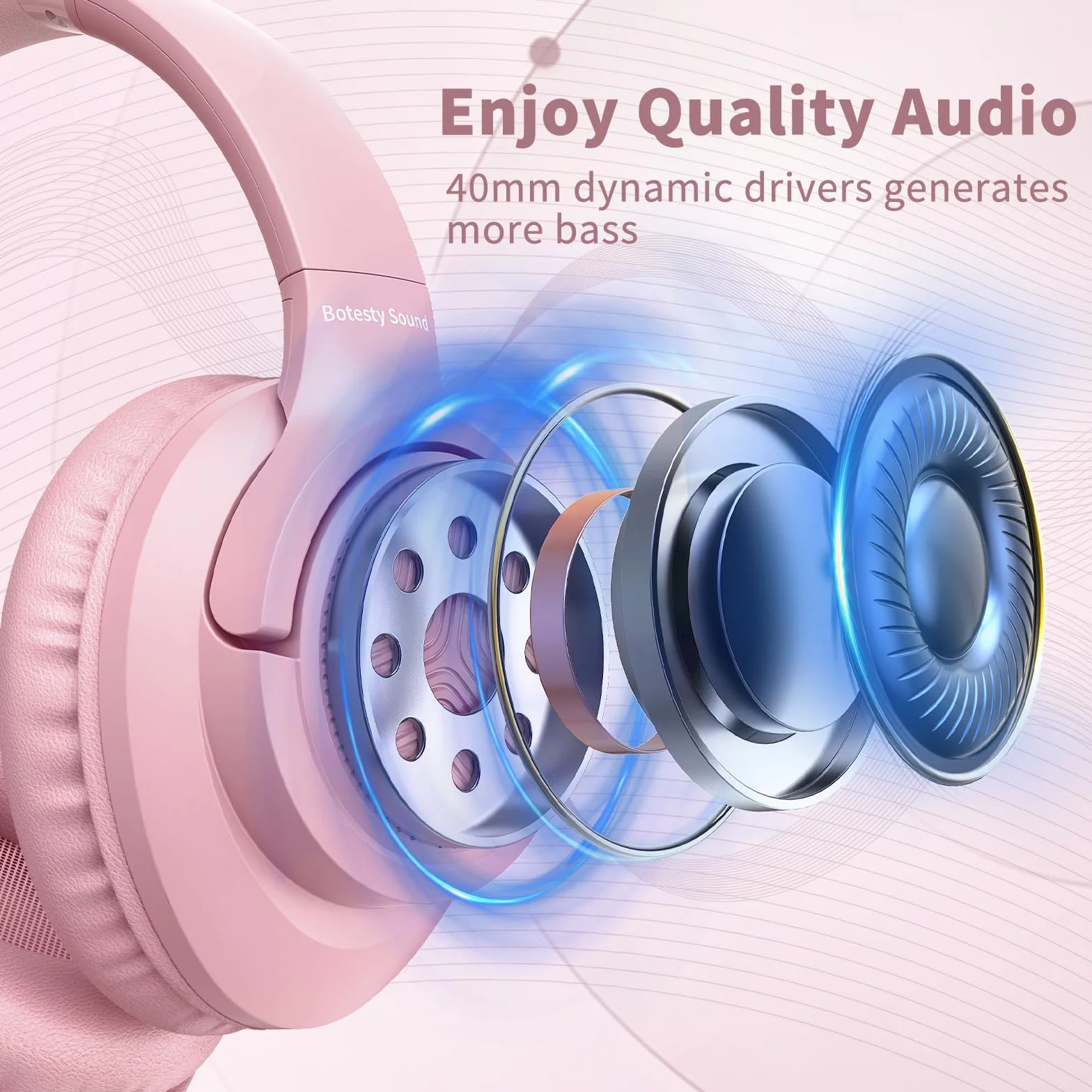 Botesty Sound Przewodowe słuchawki z mikrofonem, słuchawki nauszne przewodowe z nieplączącym się nylonowym przewodem o długości 1,5 m, 3,5 mm, do smartfona, tabletu, komputera, MP3/4 (różowe)