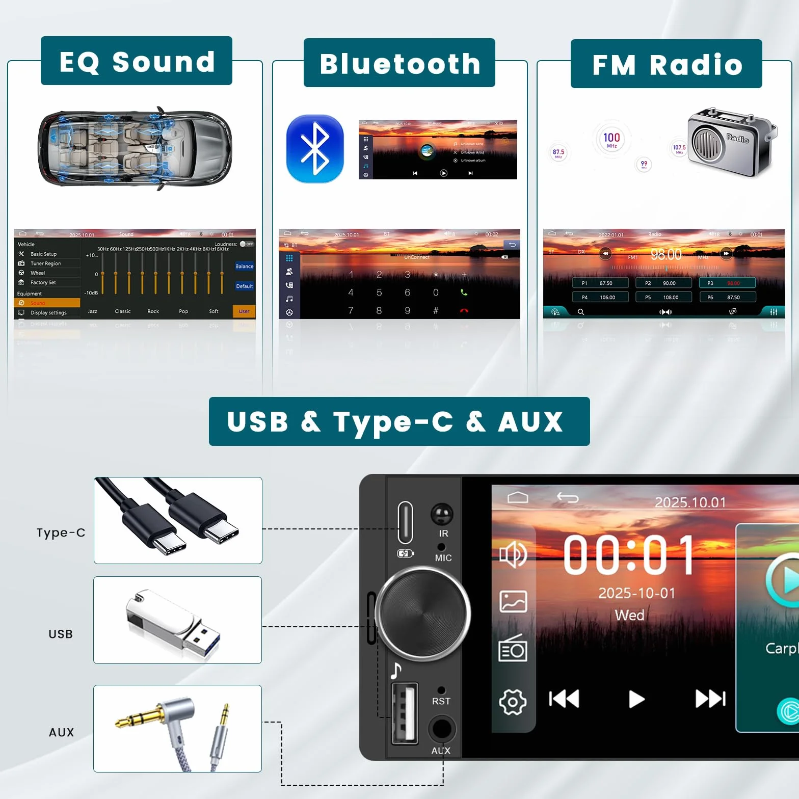 Hikity Radio samochodowe Bluetooth 1 DIN z bezprzewodowym Carplay Android Auto, 1 Din Radio z ekranem dotykowym 6,28", Lien Miroir, radio FM, typ C, 2USB, SWC, EQ, kamera cofania, MIC