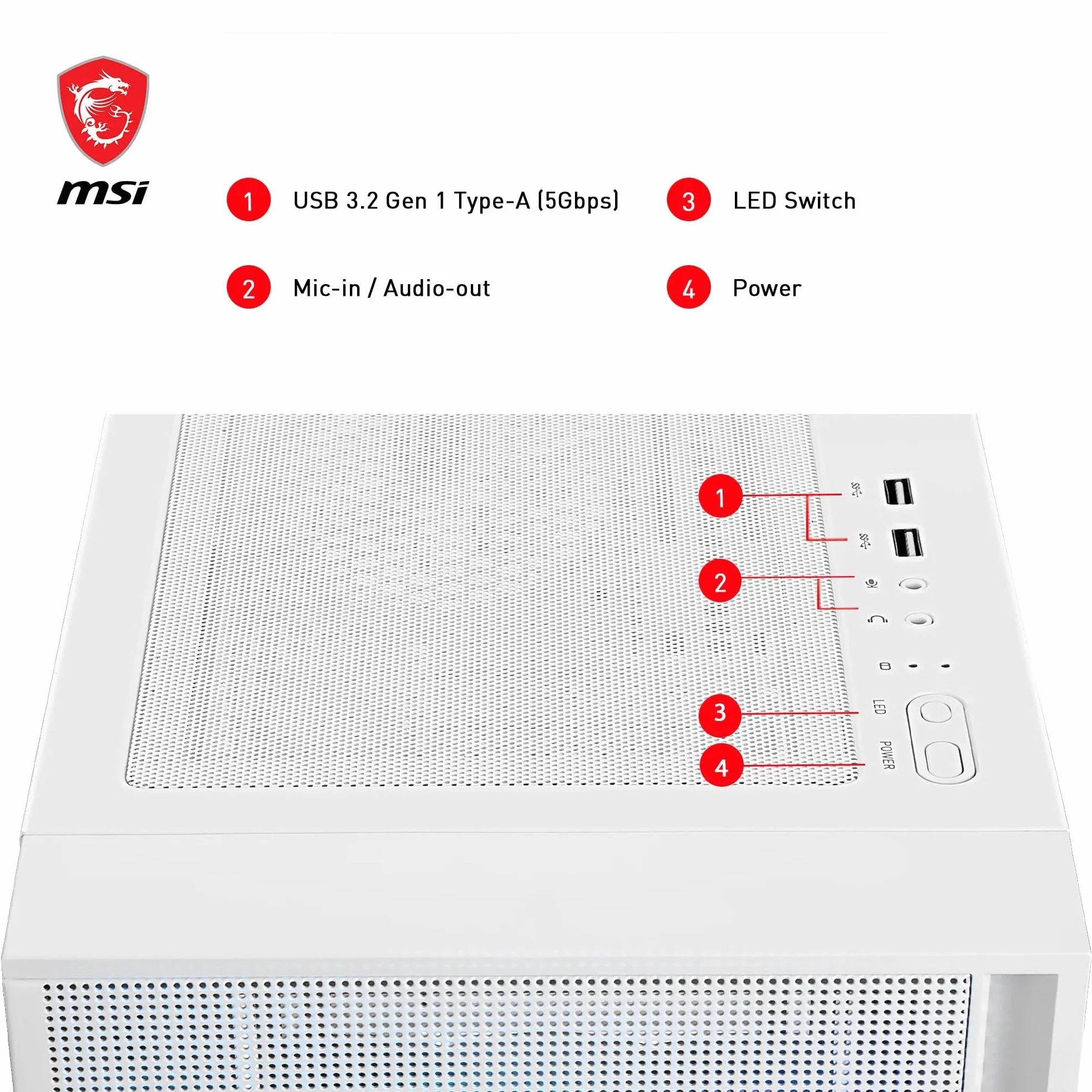 MSI MAG Forge 320R Airflow White Średnia wieża obudowa komputera - ATX, kompatybilna z RTX 40, wentylatory ARGB, magnetyczne filtry przeciwpyłowe, szkło hartowane, koncentrator ARGB, USB Typu-A 3.2