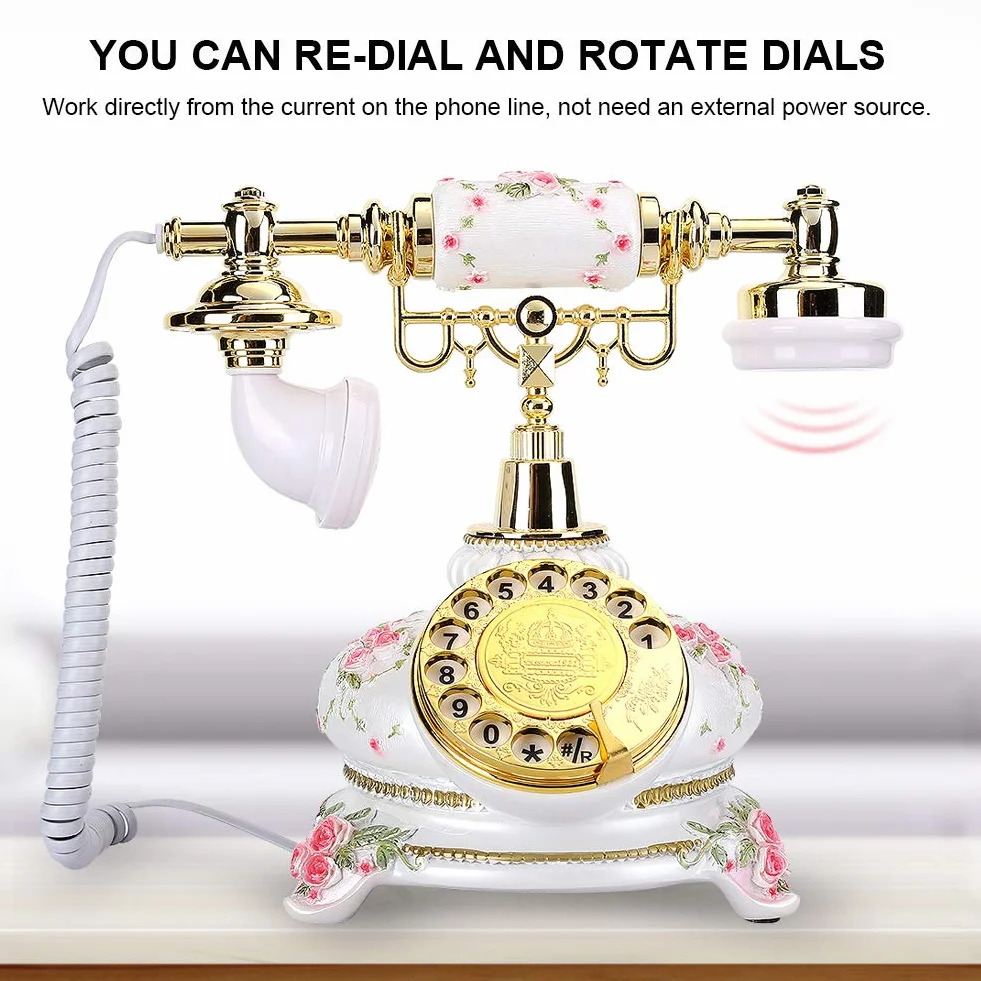 PUSOKEI Telefon obrotowy, w stylu vintage, telefon stacjonarny, antyczny telefon, przewodowy telefon stacjonarny w stylu retro, do domu, możliwość ponownego wybierania i obracania pokrętła