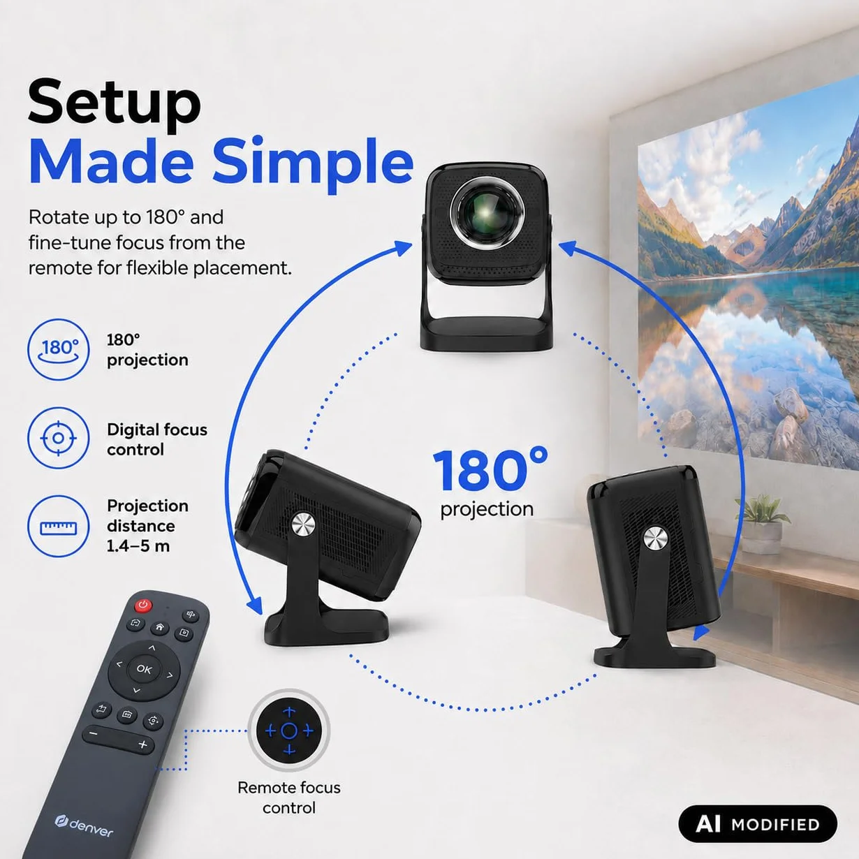 Denver PR-4852 projektor LED 4K UHD, 700 ANSI lumenów, kontrast 8000:1, rozmiar ekranu 45-180 cali