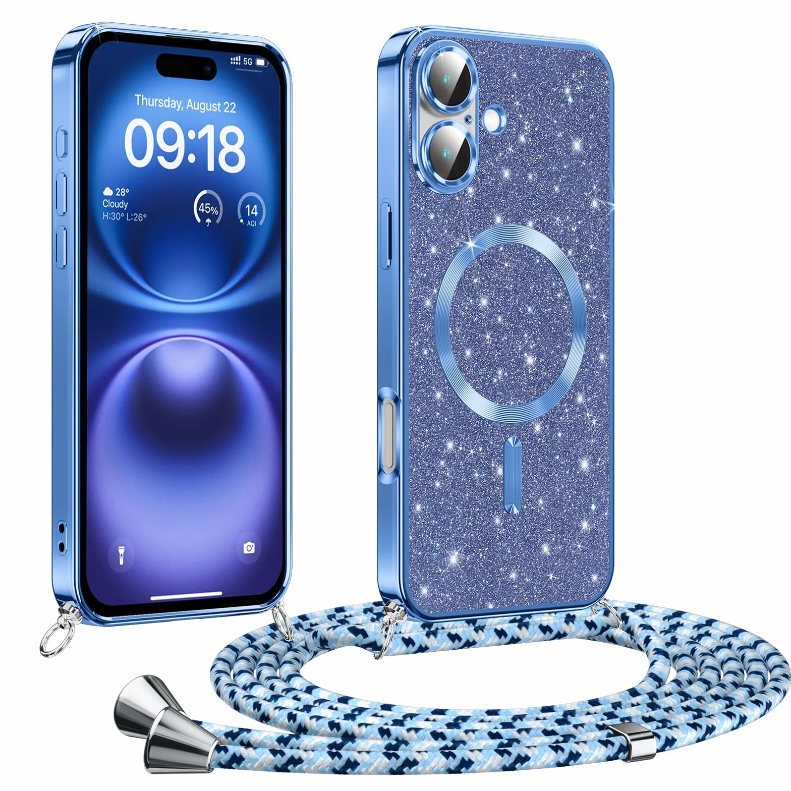Phoona Etui na iPhone ze sznurkiem, etui z brokatem, kompatybilne z MagSafe, odporne na wstrząsy etui magnetyczne z regulowanym kołnierzem, niebieskie