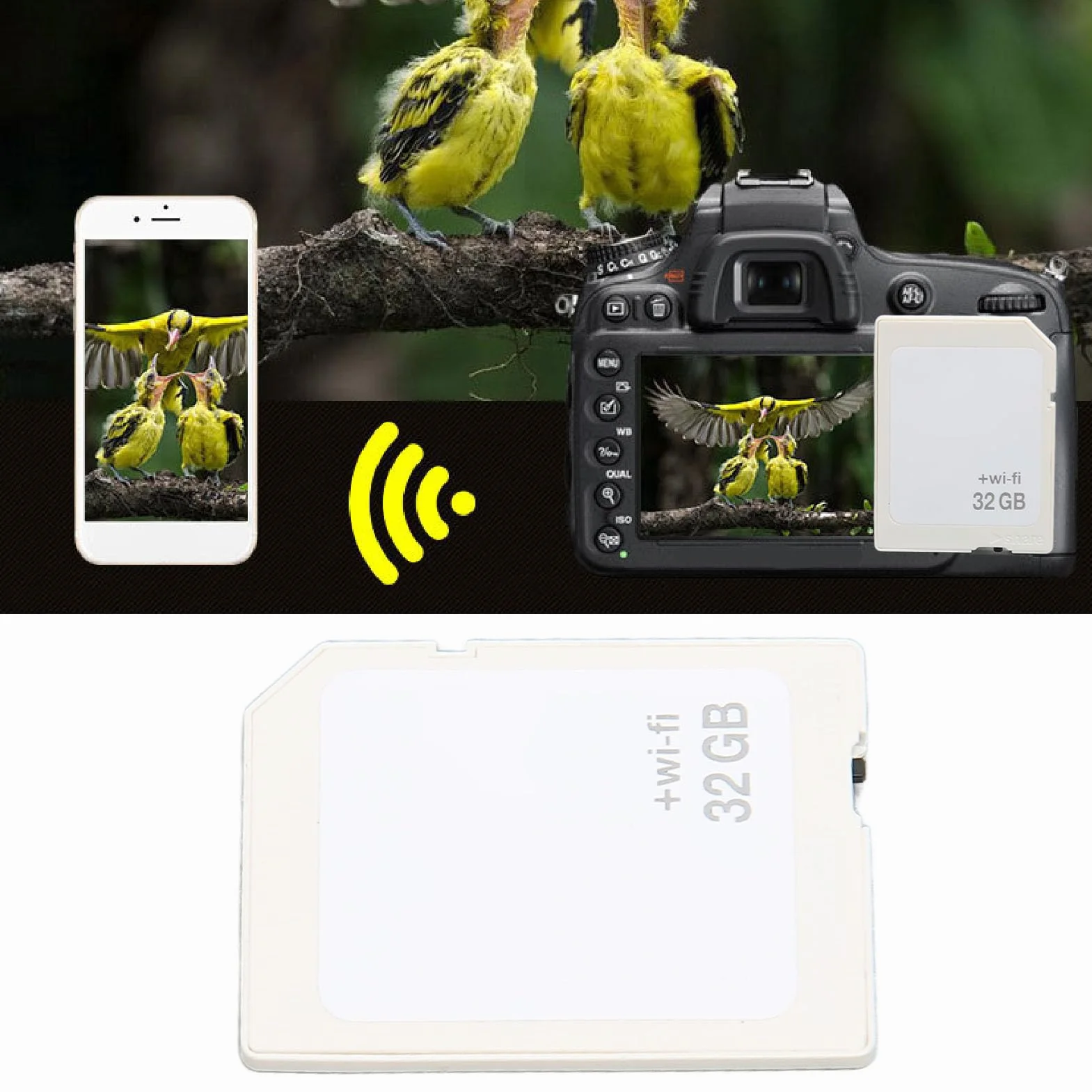 Karta Wi-Fi SD do Aparatu, Karta Pamięci SDHC WiFi 32 GB/64 GB Klasy 10 do Aparatu, Bezprzewodowe Udostępnianie, Duża pojemność, do 5 urządzeń (32GB)