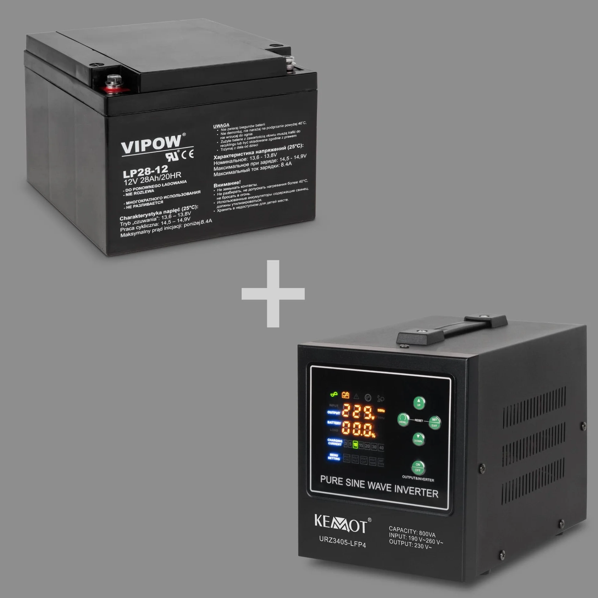 KEMOT Zasilacz Awaryjny PROsinus-800-LFP4 Przetwornica z Czystym Przebiegiem Sinusoidalnym i Funkcją Ładowania 12V 230V 800VA/500W