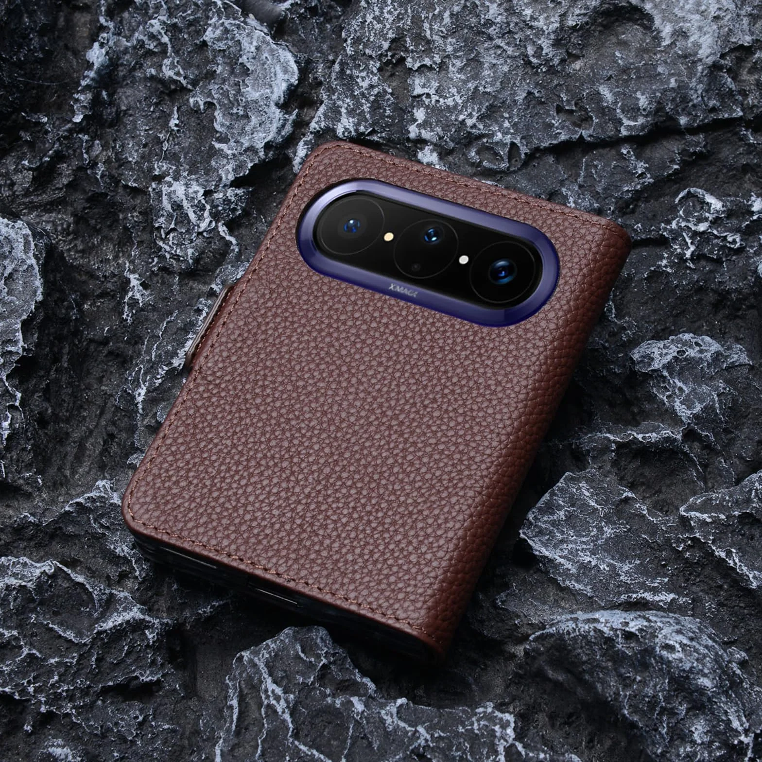 Etui z klapką do Huawei Pura X Max, zapięcie magnetyczne wzór liczi z prawdziwej skóry z etui ochronnym na aparat, brązowy, Pura X Max