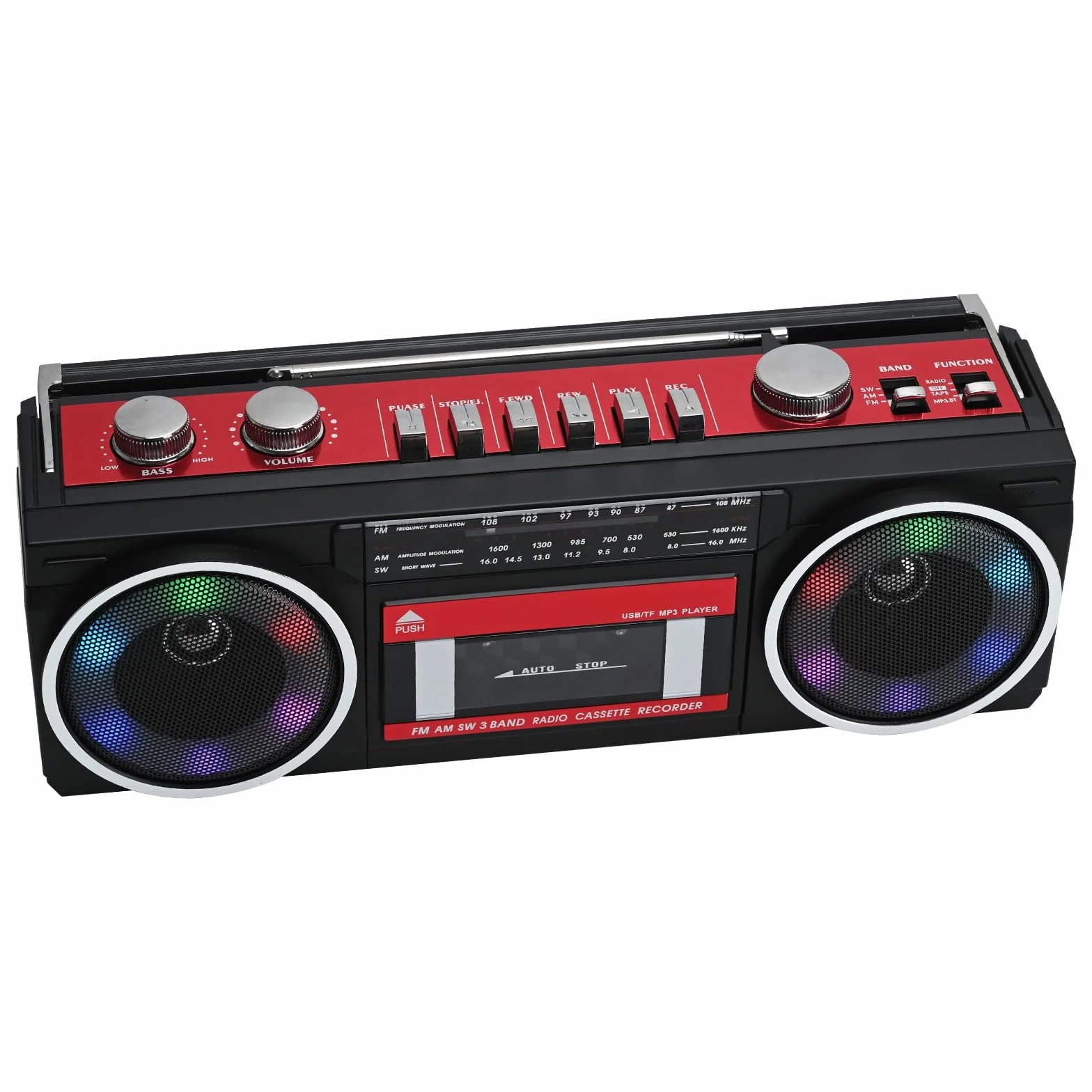 Przenośny odtwarzacz kasetowy Boombox AM/FM/SW radio stereo, odtwarzacz kasetowy, odtwarzacz MP3, Bluetooth, USB, RGB, karta TF (czerwony)